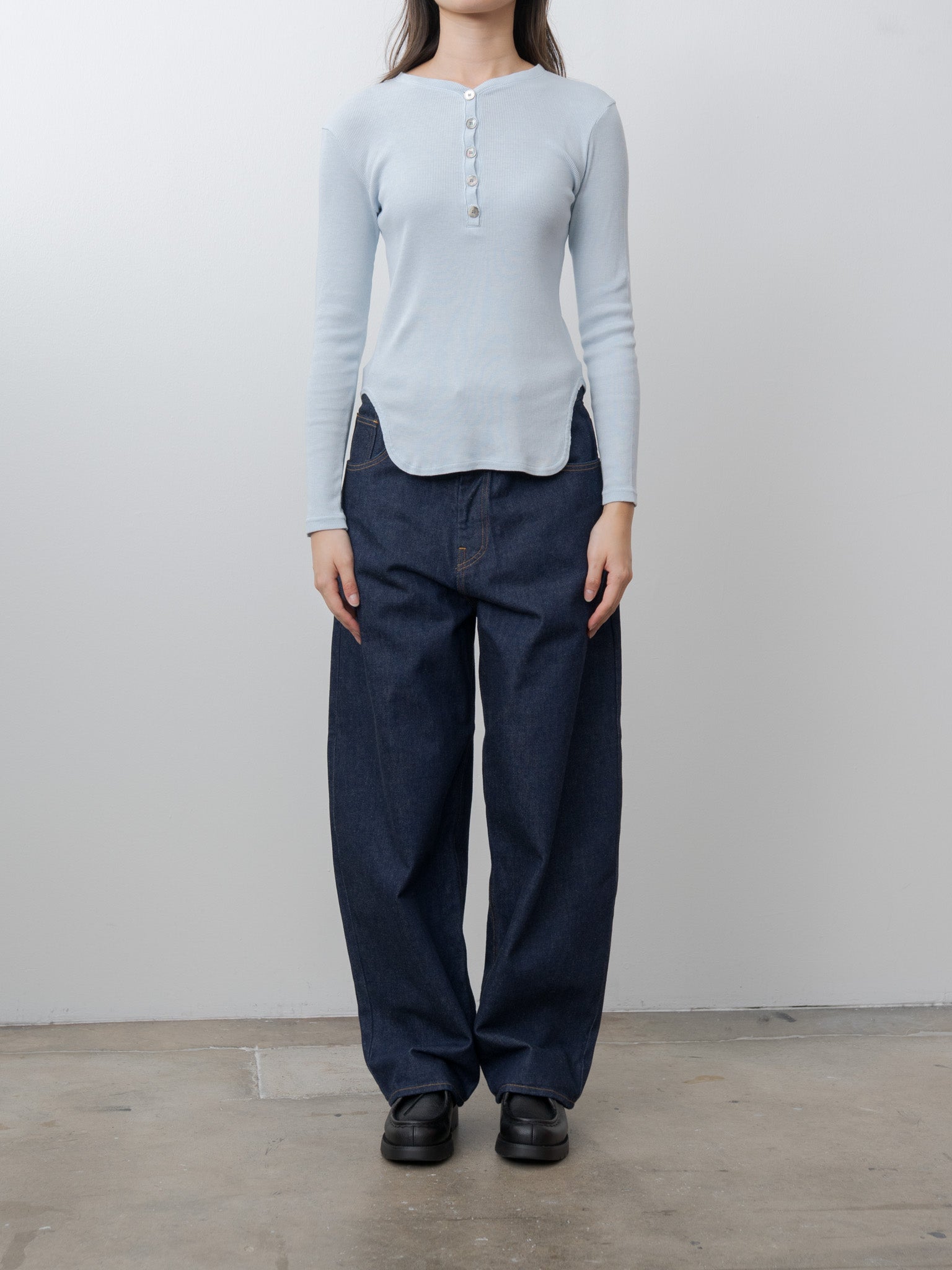 Cotton/Silk Henley Neck Long Sleeve T-Shirt - Light Blue