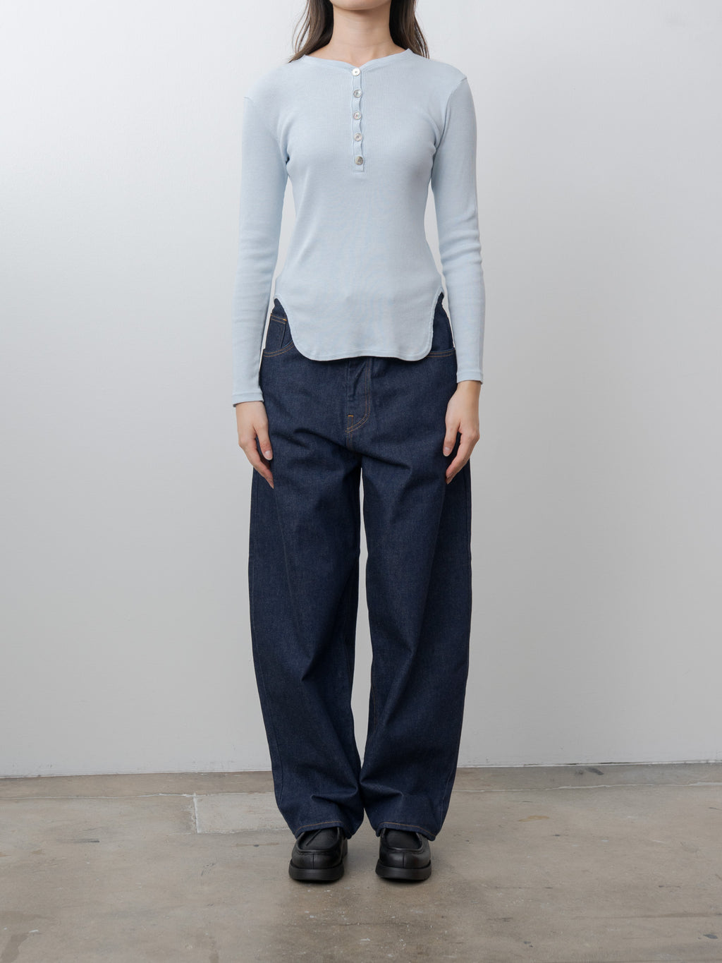 Cotton/Silk Henley Neck Long Sleeve T-Shirt - Light Blue