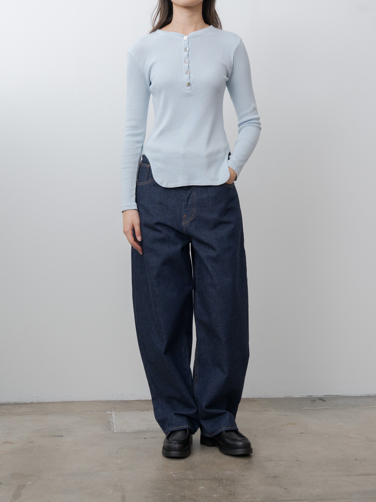 Cotton/Silk Henley Neck Long Sleeve T-Shirt - Light Blue