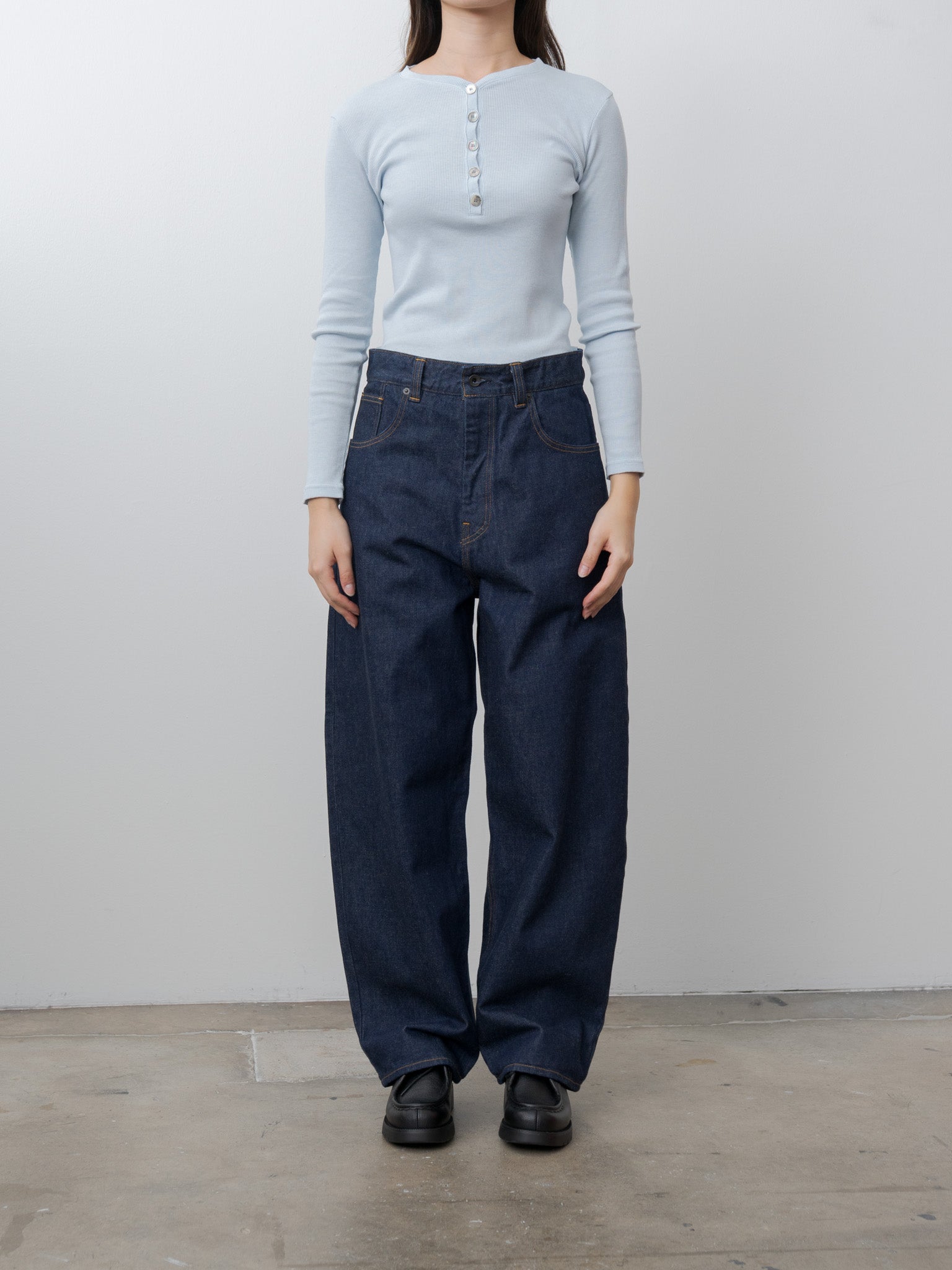 Cotton/Silk Henley Neck Long Sleeve T-Shirt - Light Blue