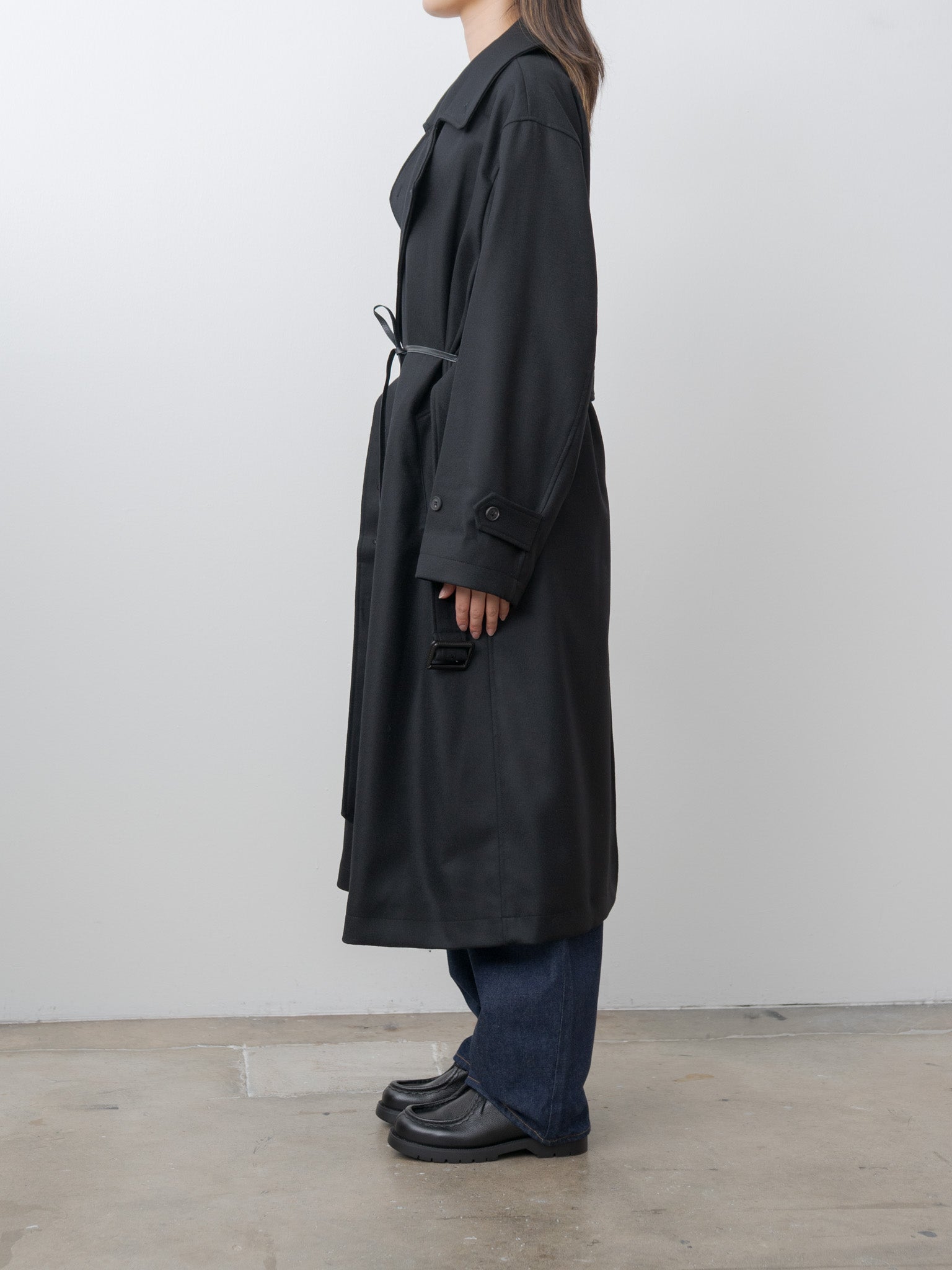 Oversized Double Breasted Coat with Leather Tie - Black