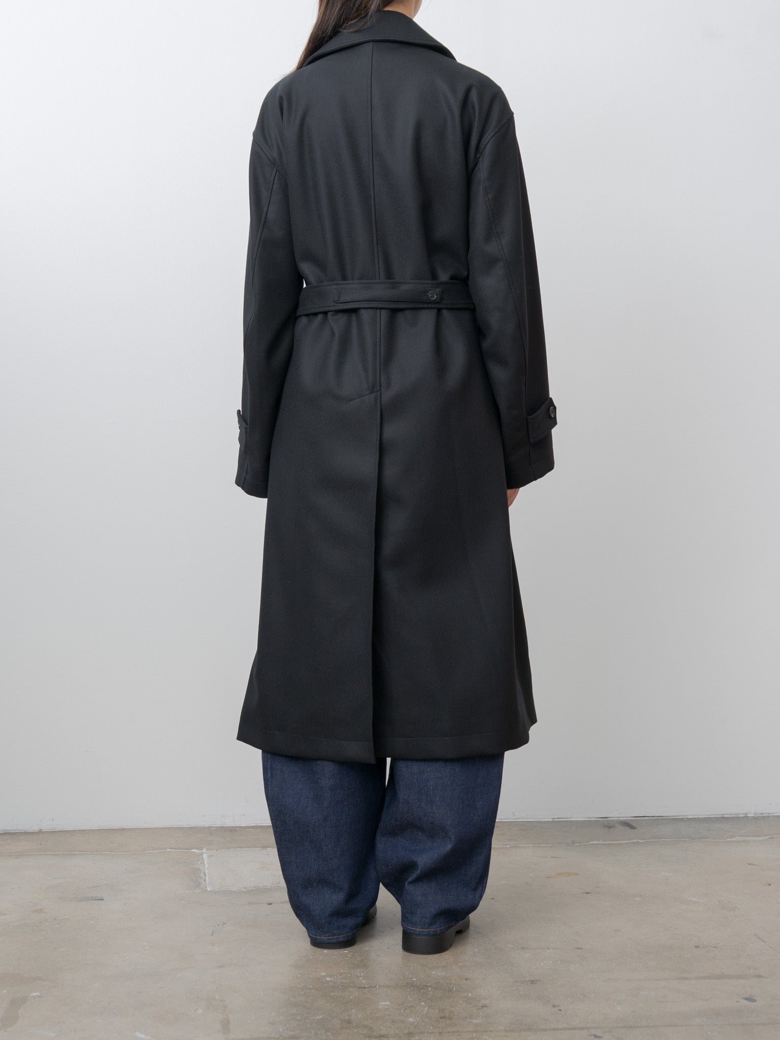 Oversized Double Breasted Coat with Leather Tie - Black