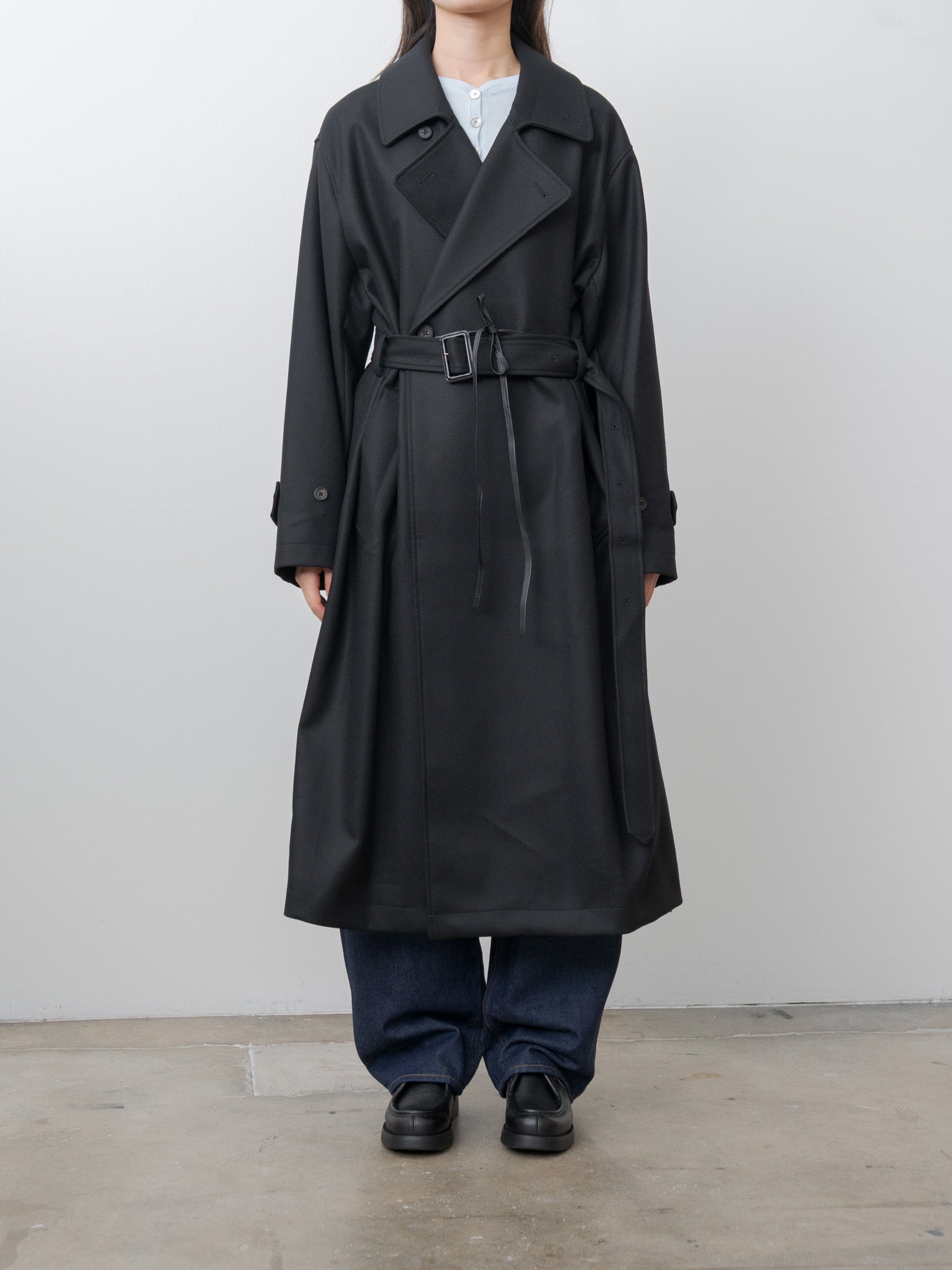Oversized Double Breasted Coat with Leather Tie - Black