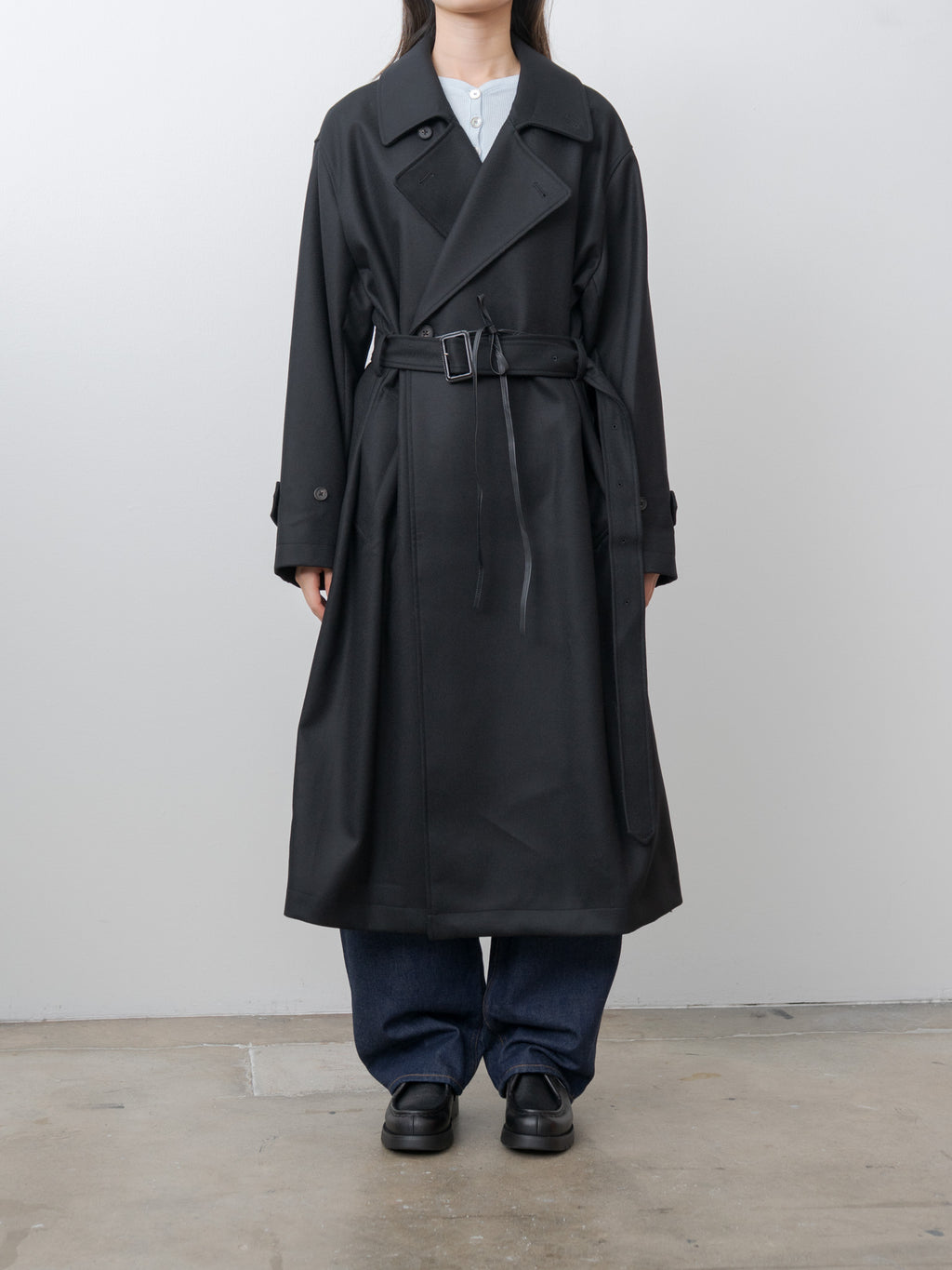 Oversized Double Breasted Coat with Leather Tie - Black