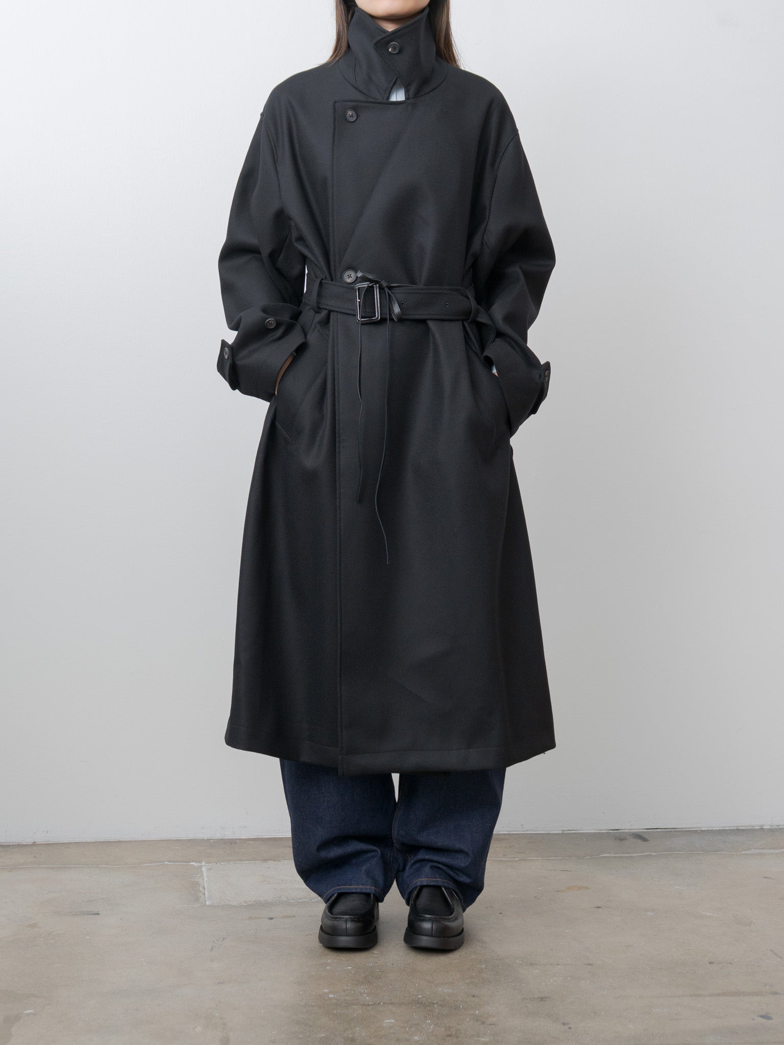 Oversized Double Breasted Coat with Leather Tie - Black