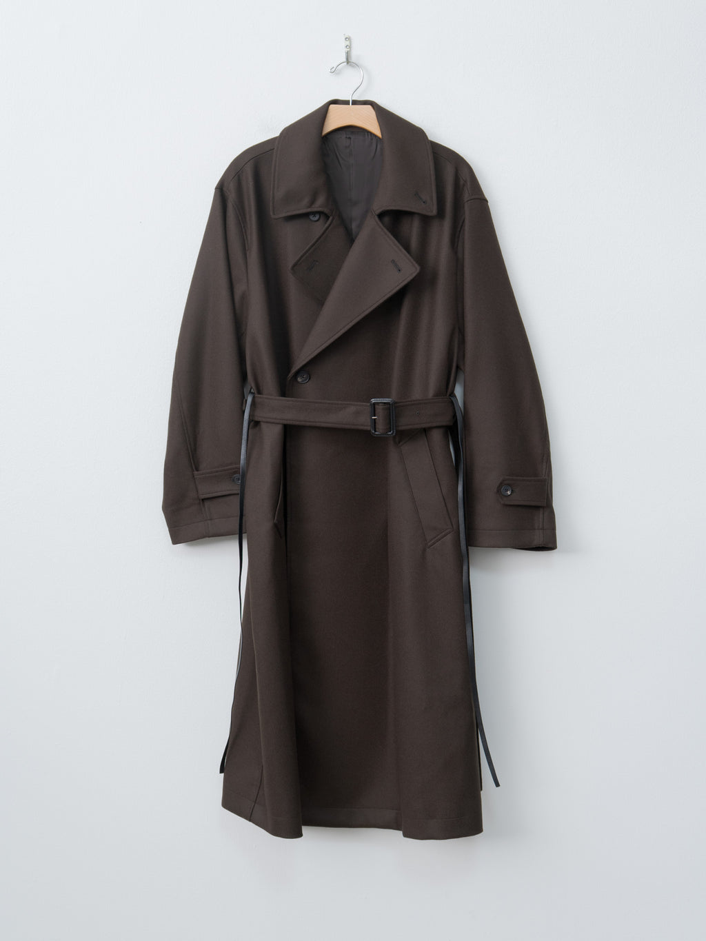 Oversized Double Breasted Coat with Leather Tie - Gray Brown