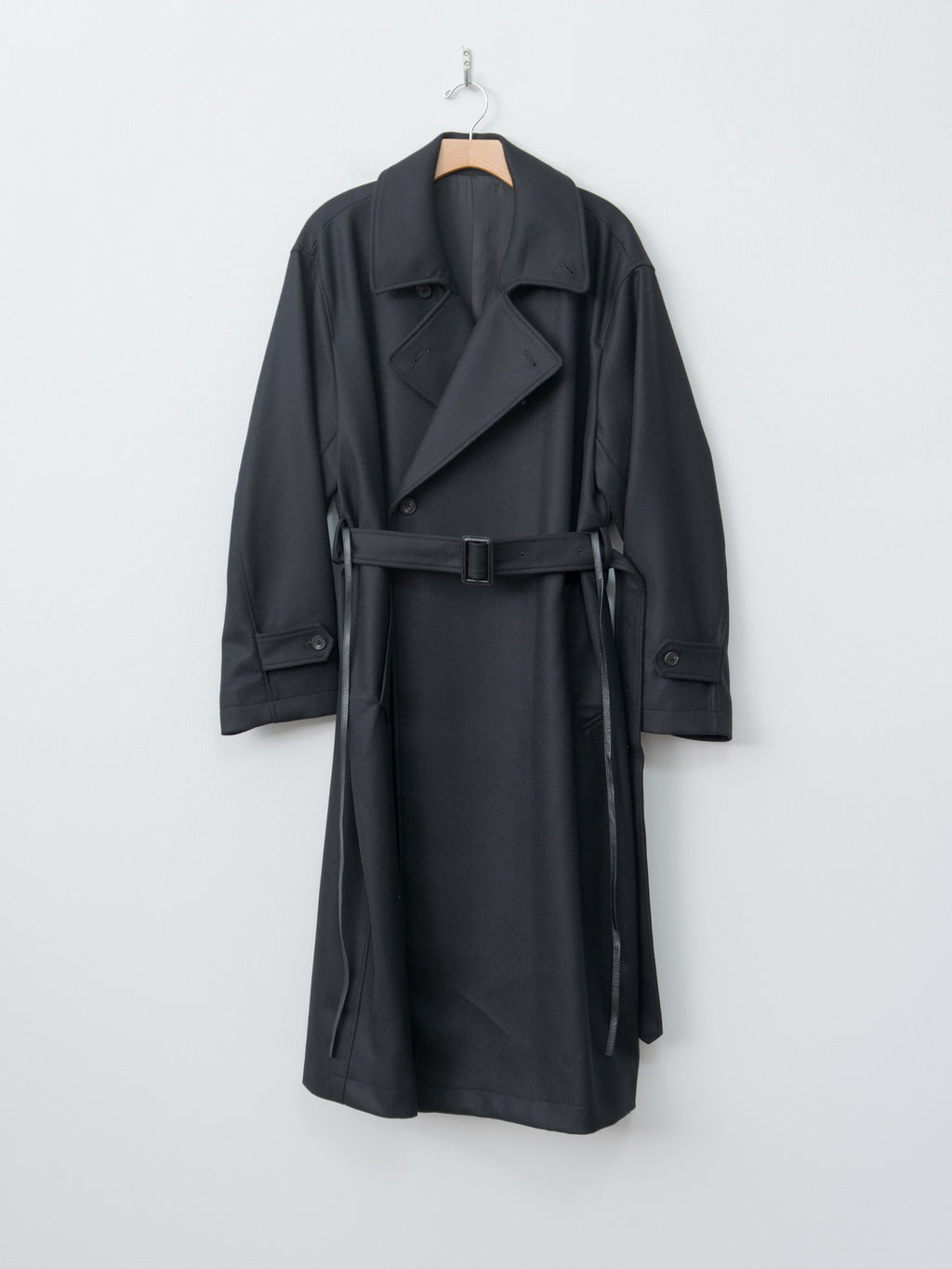 Oversized Double Breasted Coat with Leather Tie - Black
