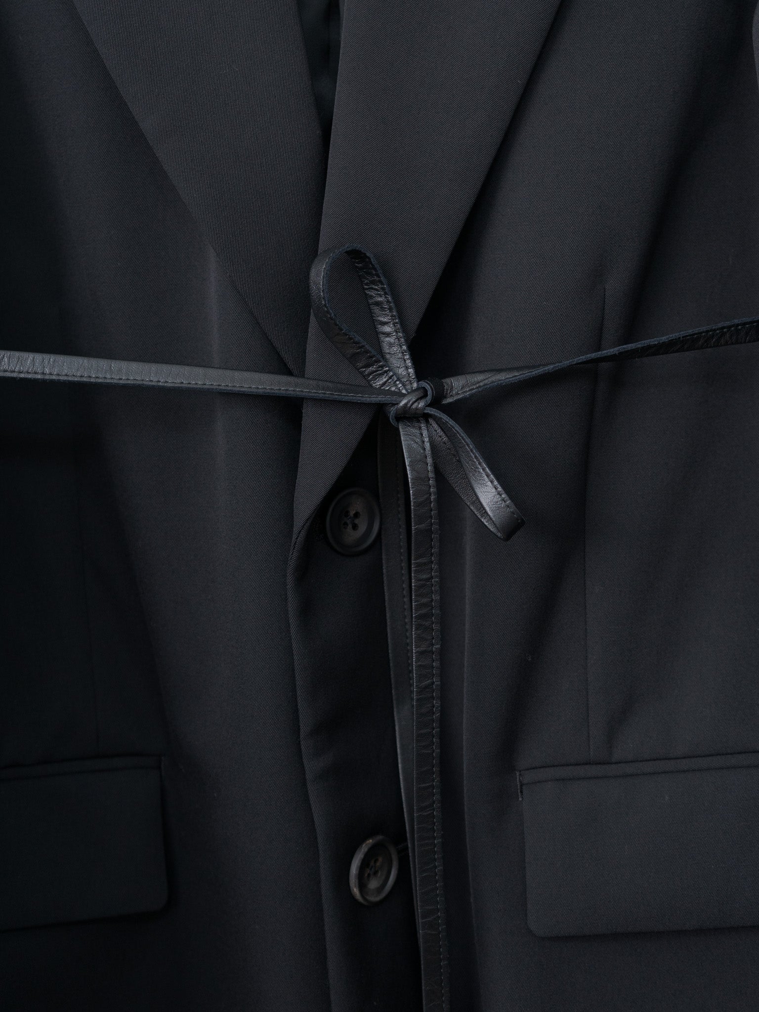 Oversized Single Breasted Long Jacket with Leather Tie - Black