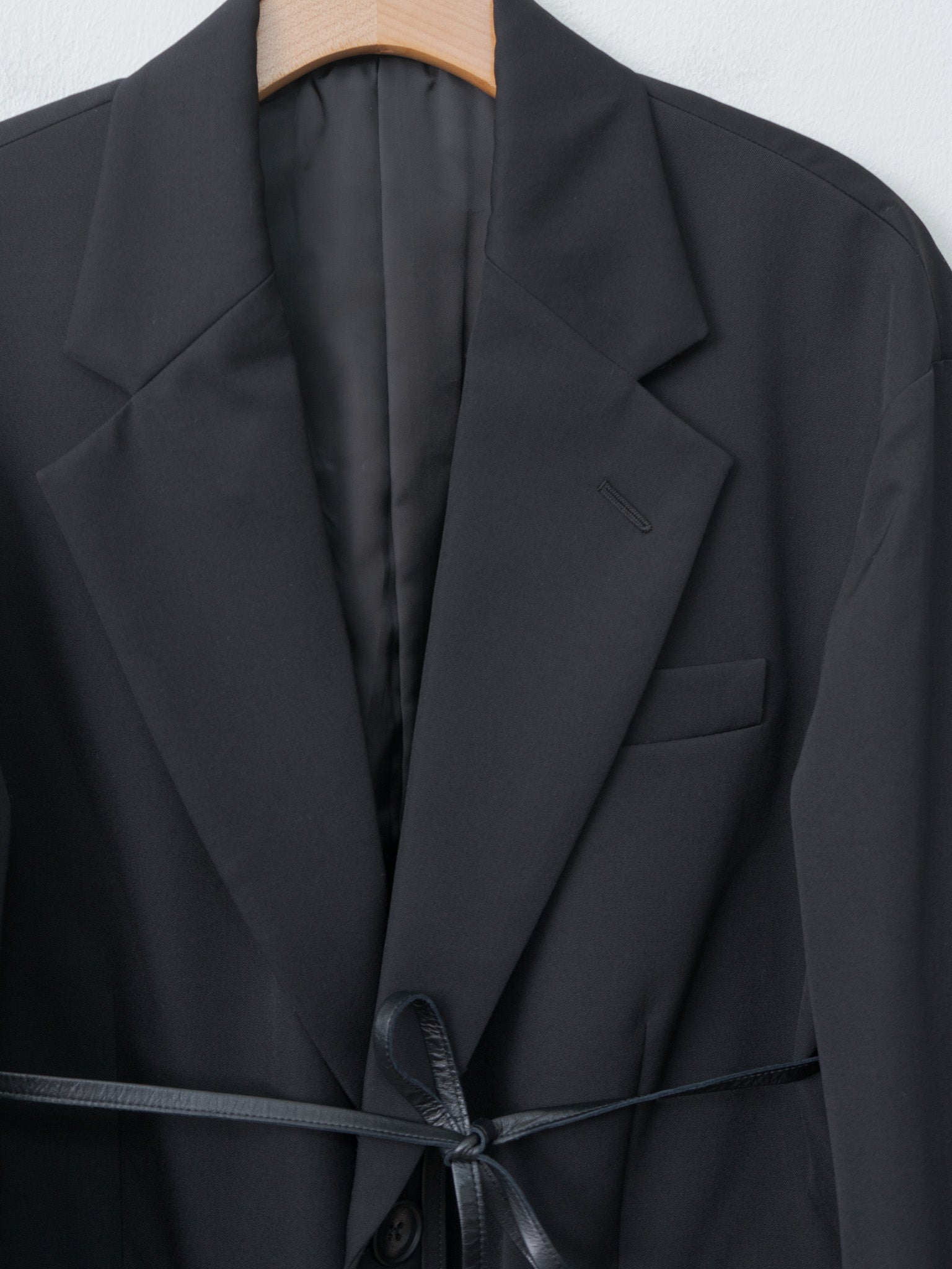 Oversized Single Breasted Long Jacket with Leather Tie - Black