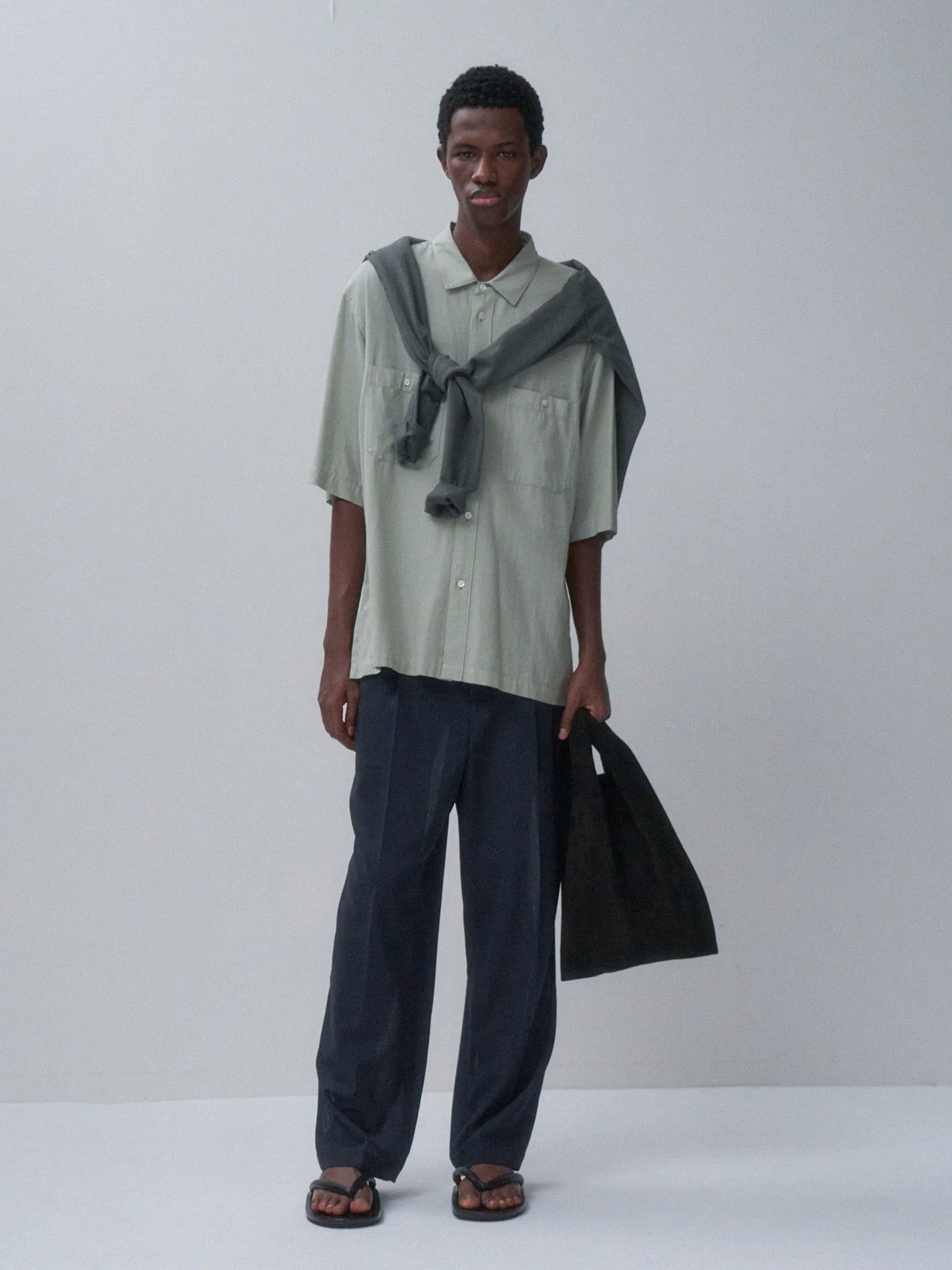 Namu Shop - Aton Cotton Silk Viera Loose Fit Half Sleeve Shirt - Green