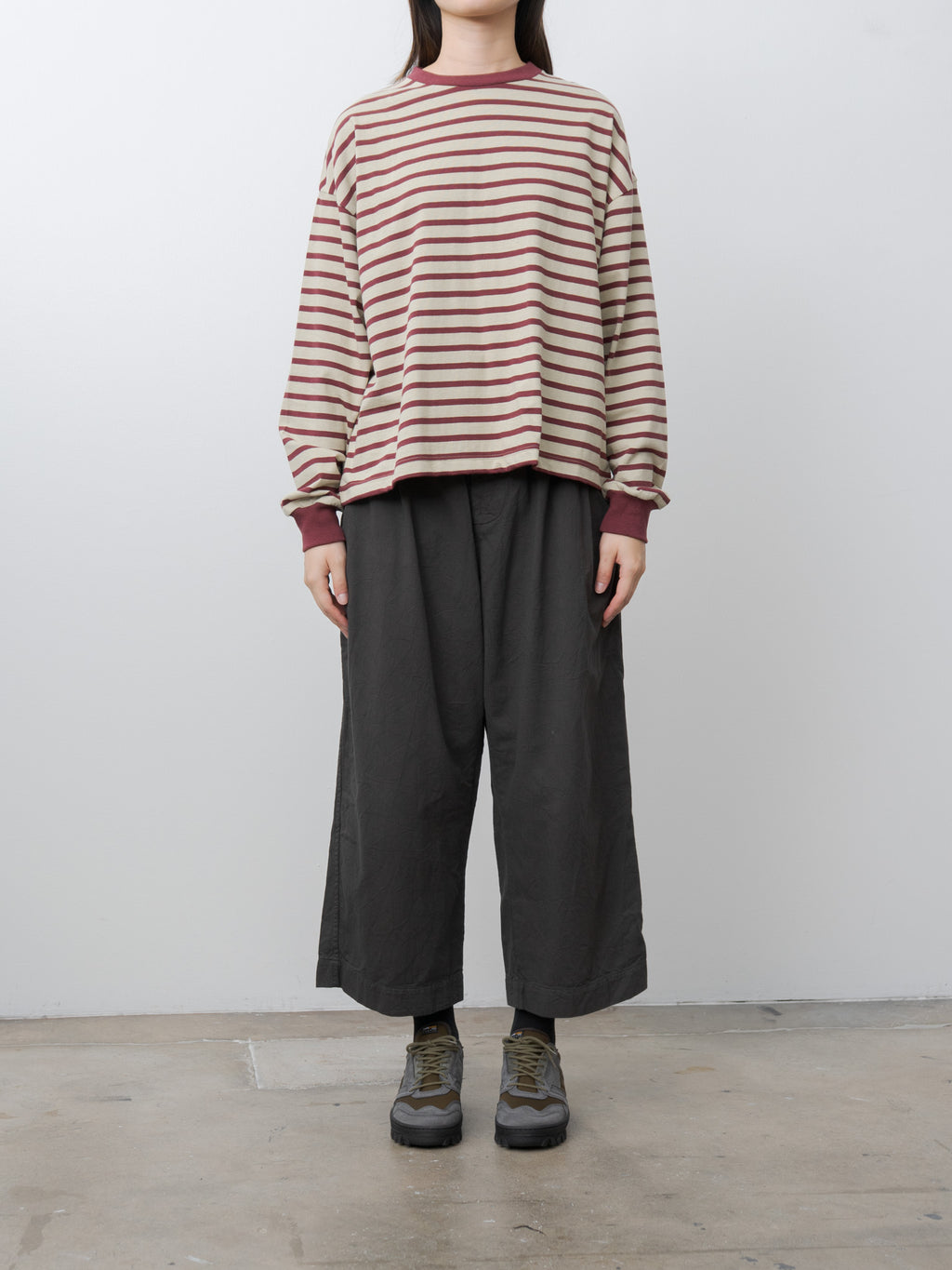 Cotton Border L/S - Beige x Bordeaux