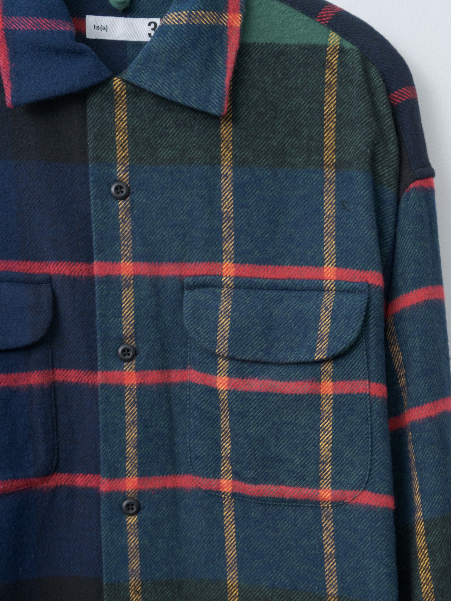 Large Tartan Plaid Cotton Flannel Twill Round Flap Pocket Baggy Shirt - Navy