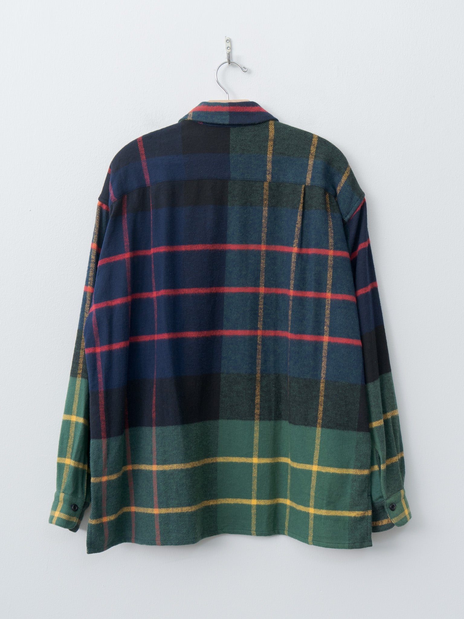 Large Tartan Plaid Cotton Flannel Twill Round Flap Pocket Baggy Shirt - Navy