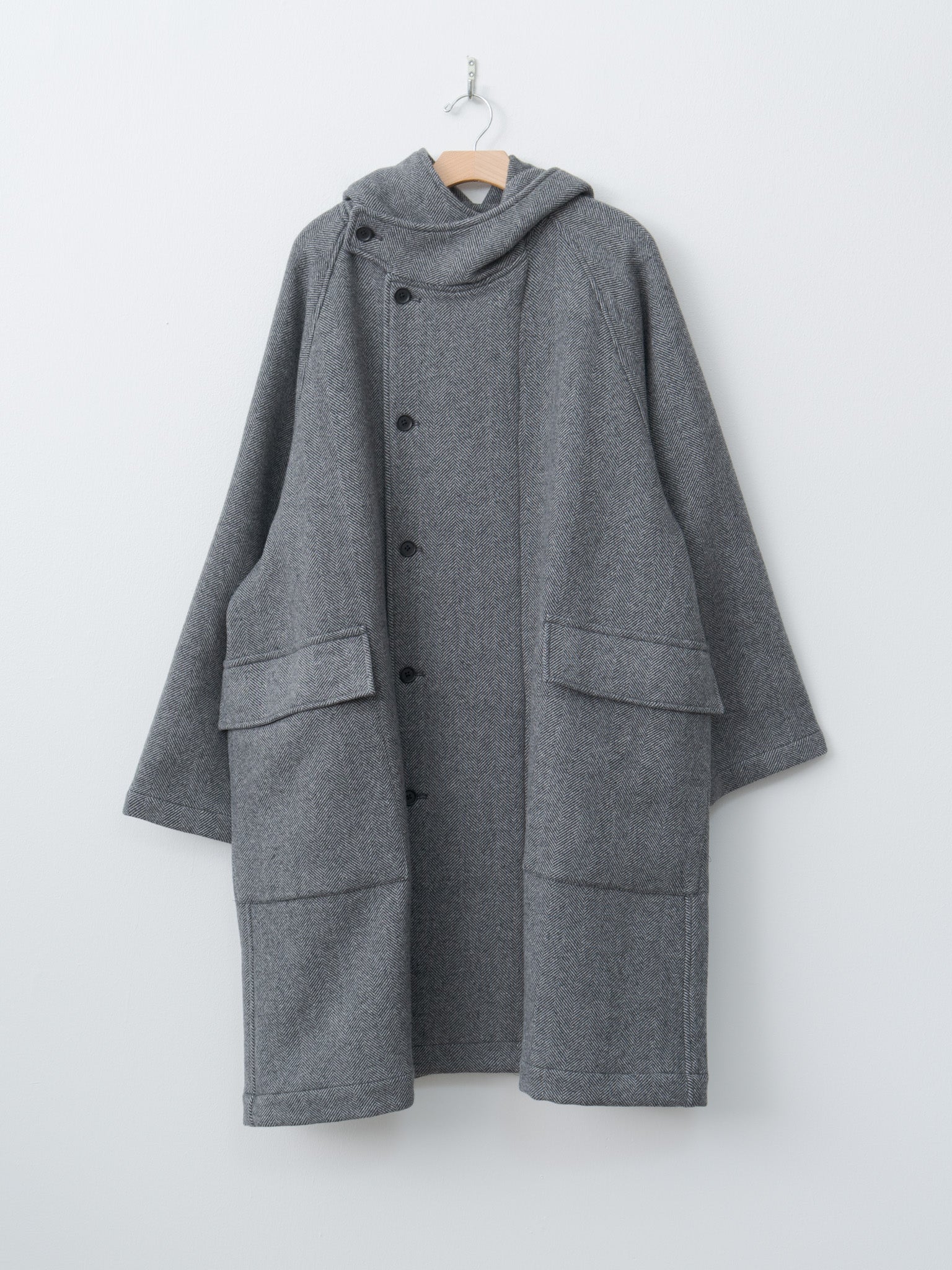 Herringbone Wool/Nylon Double Cloth Raglan Sleeve Hooded Easy Coat - Gray