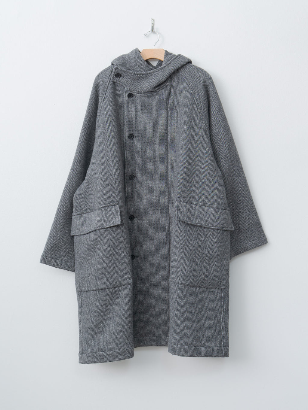 Herringbone Wool/Nylon Double Cloth Raglan Sleeve Hooded Easy Coat - Gray