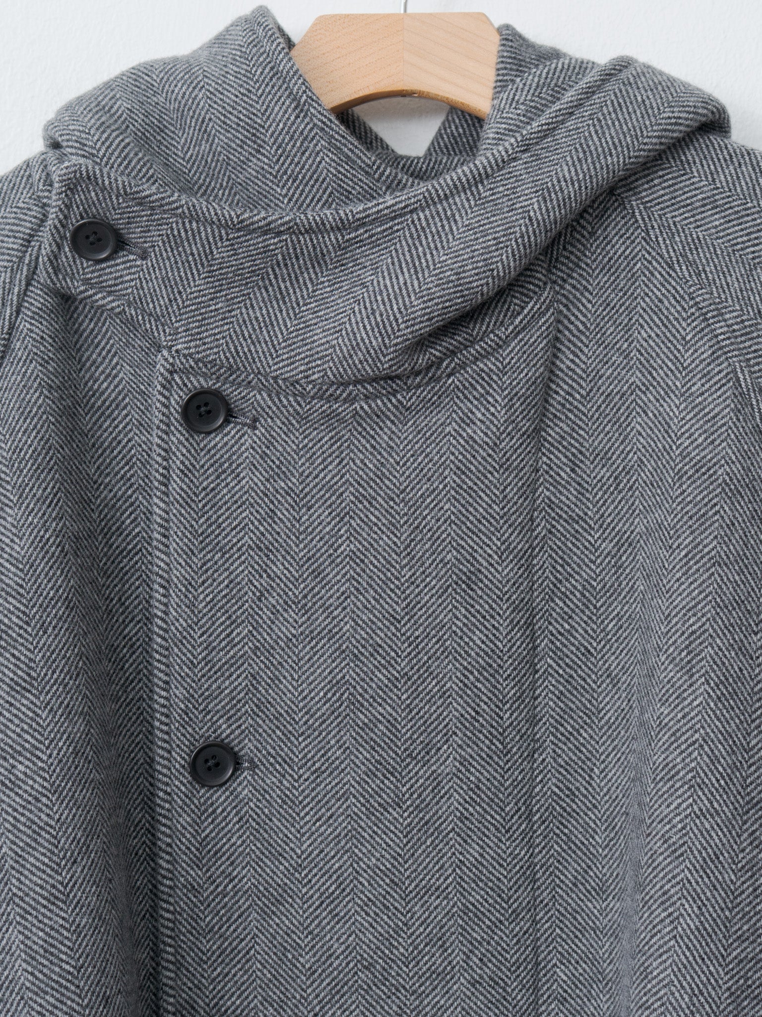 Herringbone Wool/Nylon Double Cloth Raglan Sleeve Hooded Easy Coat - Gray