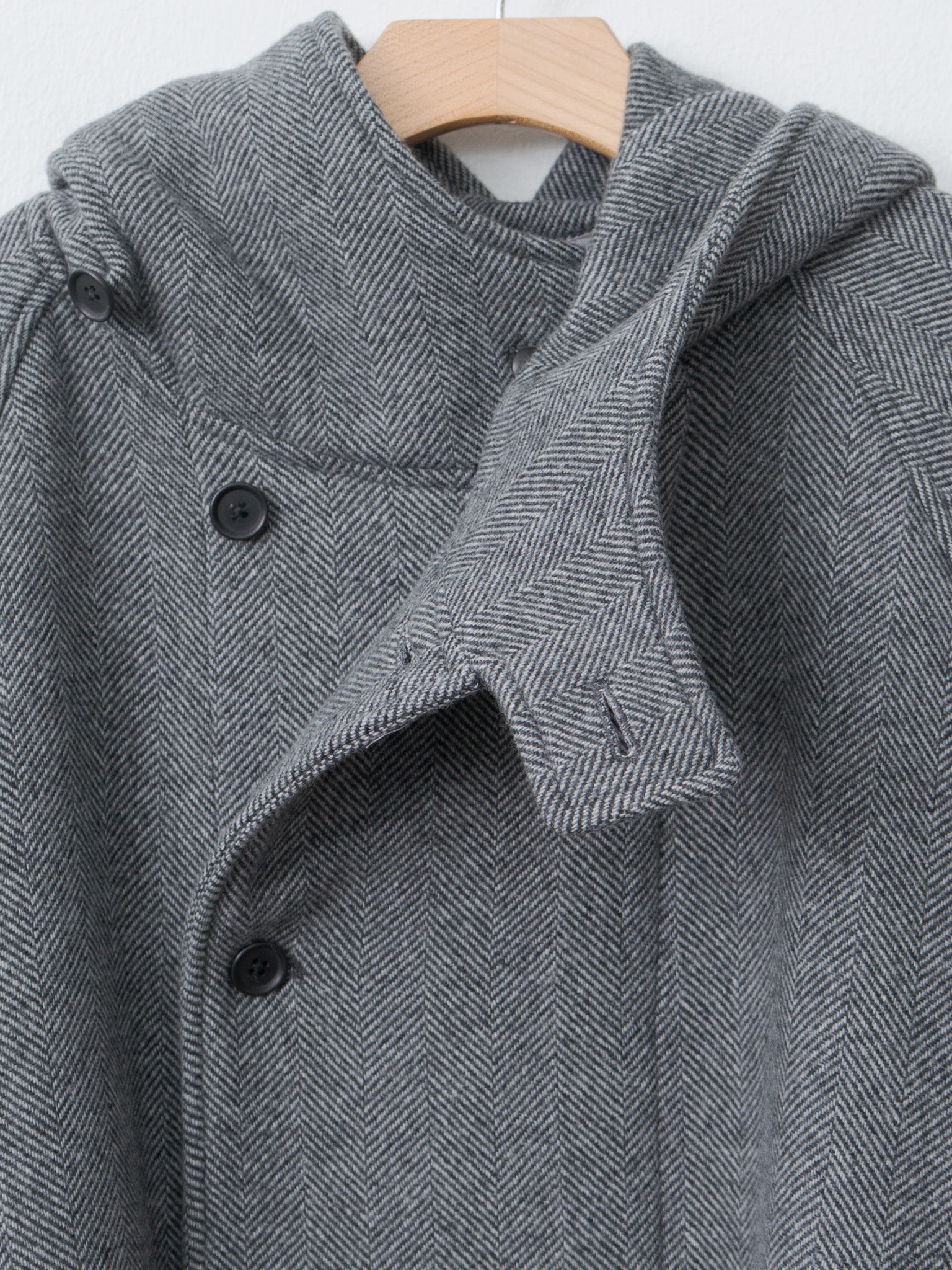 Herringbone Wool/Nylon Double Cloth Raglan Sleeve Hooded Easy Coat - Gray