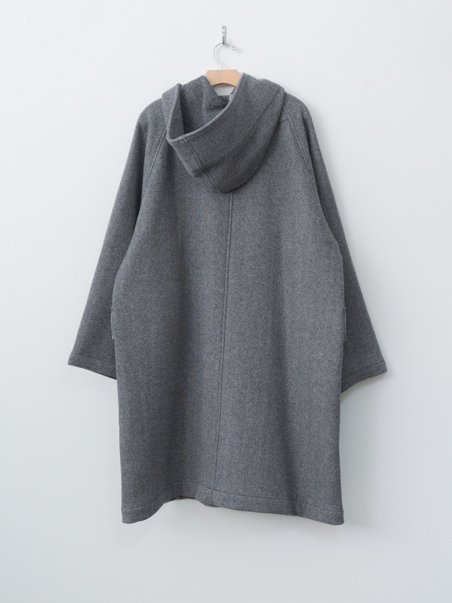 Herringbone Wool/Nylon Double Cloth Raglan Sleeve Hooded Easy Coat - Gray