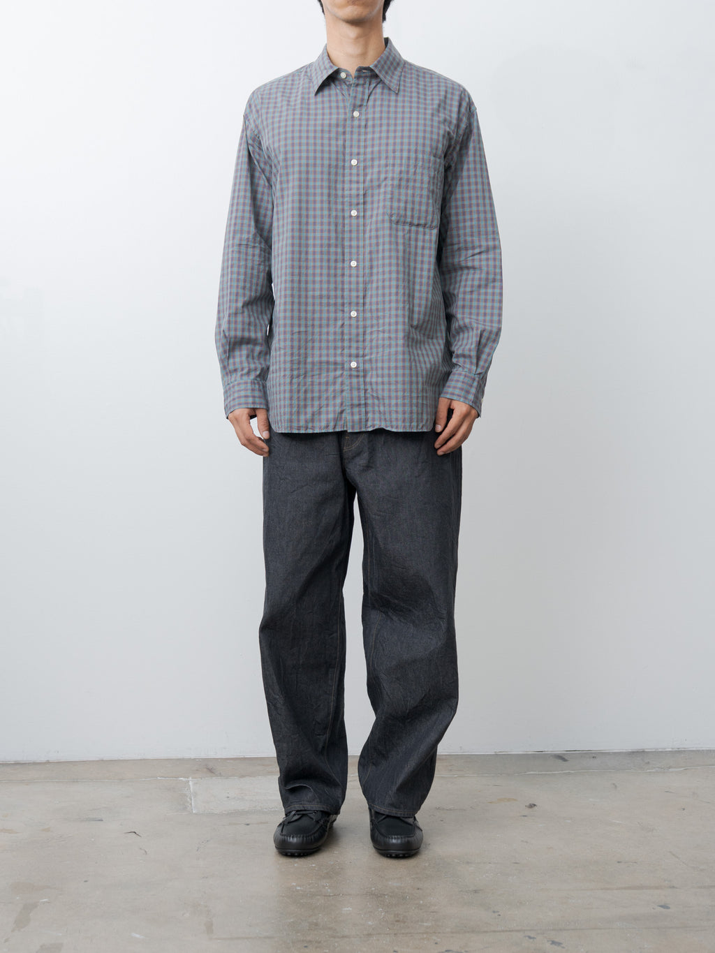 Small Plaid Organic Cotton Cloth Baggy Fit Shirt - Blue