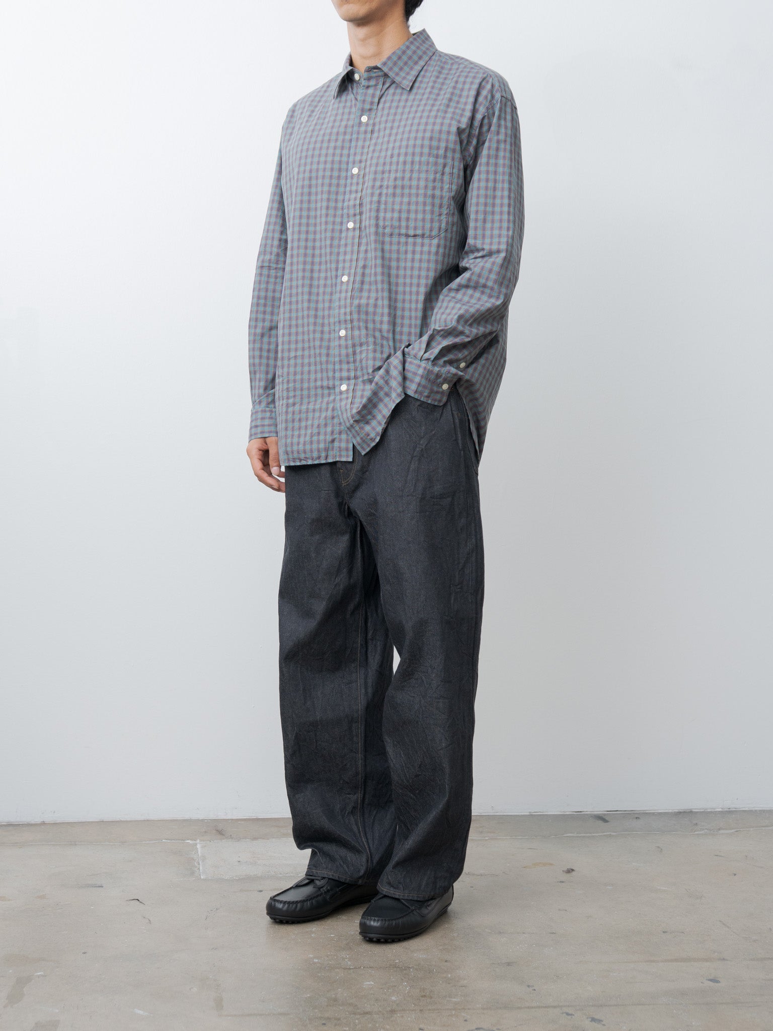 Small Plaid Organic Cotton Cloth Baggy Fit Shirt - Blue