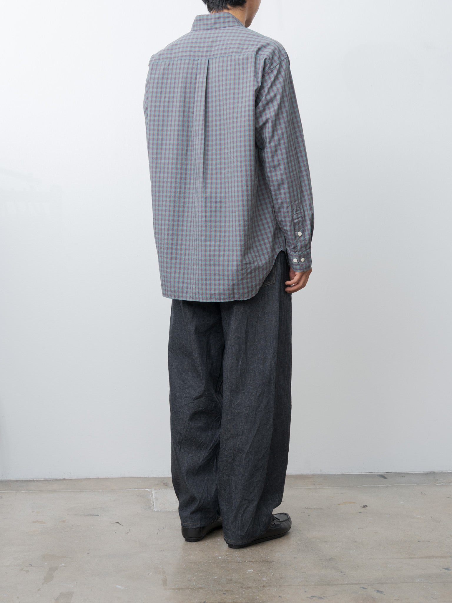 Small Plaid Organic Cotton Cloth Baggy Fit Shirt - Blue