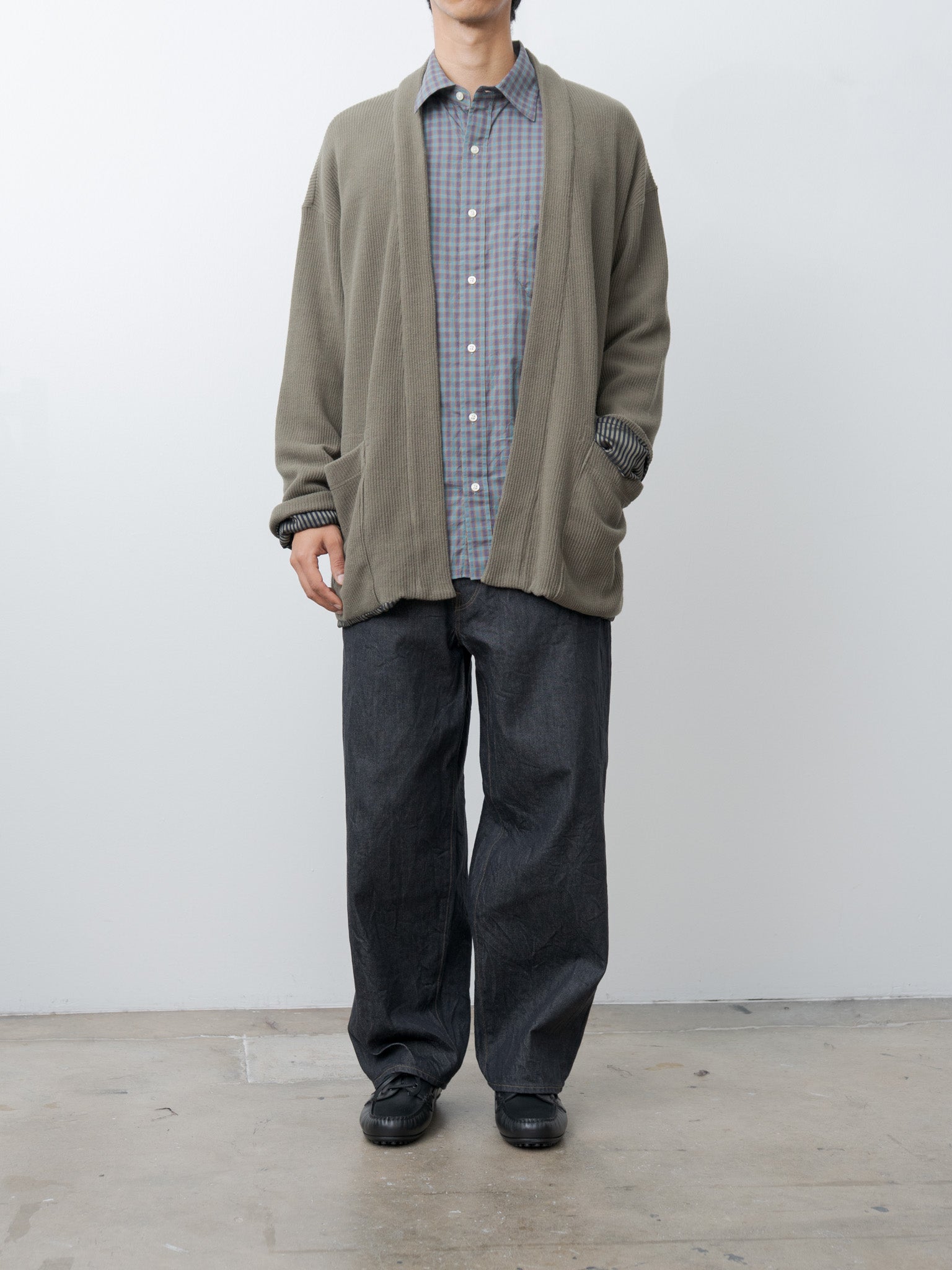 Rib Stitch Cotton Jersey Lined Easy Cardigan - Olive