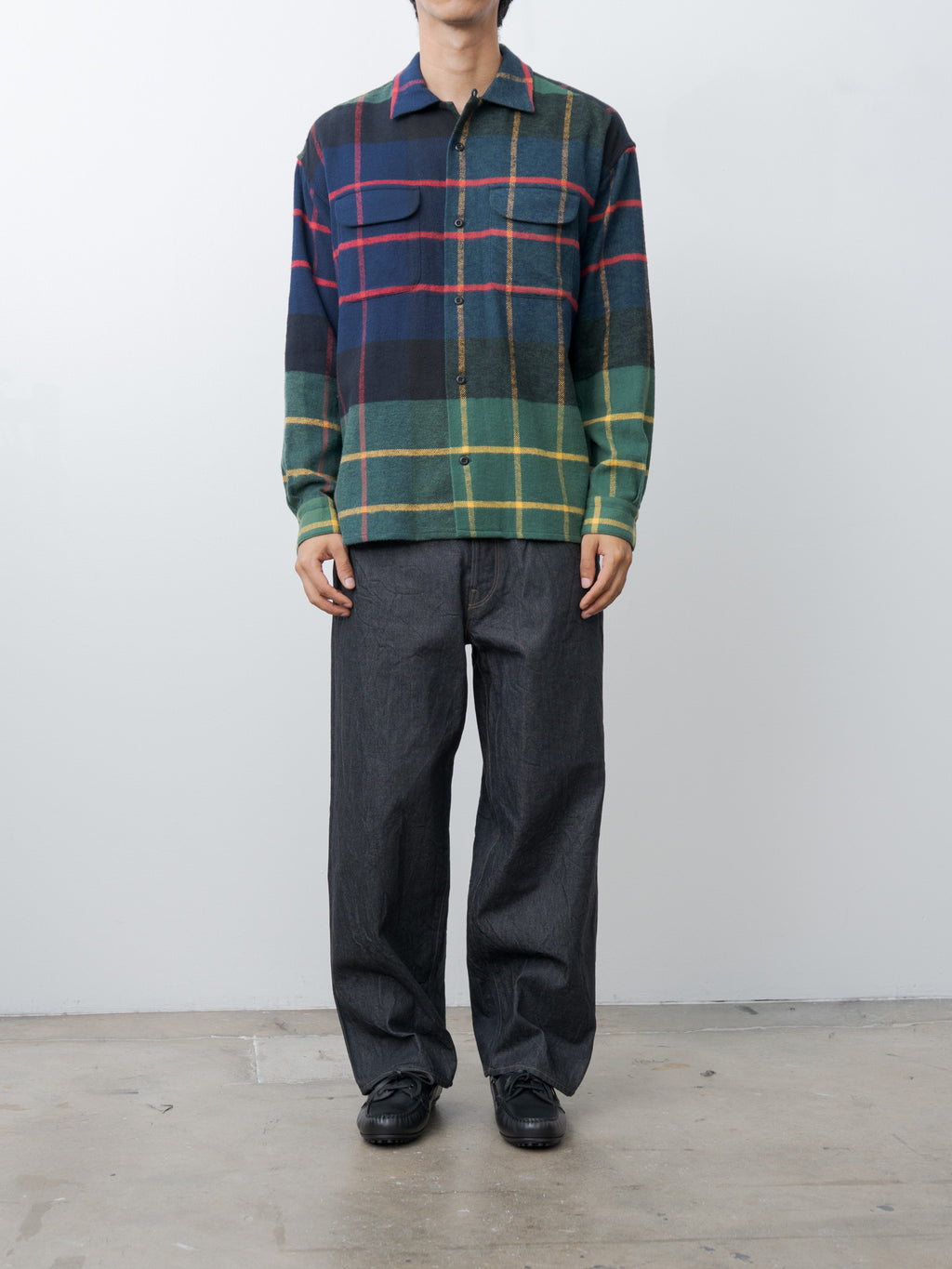 Large Tartan Plaid Cotton Flannel Twill Round Flap Pocket Baggy Shirt - Navy