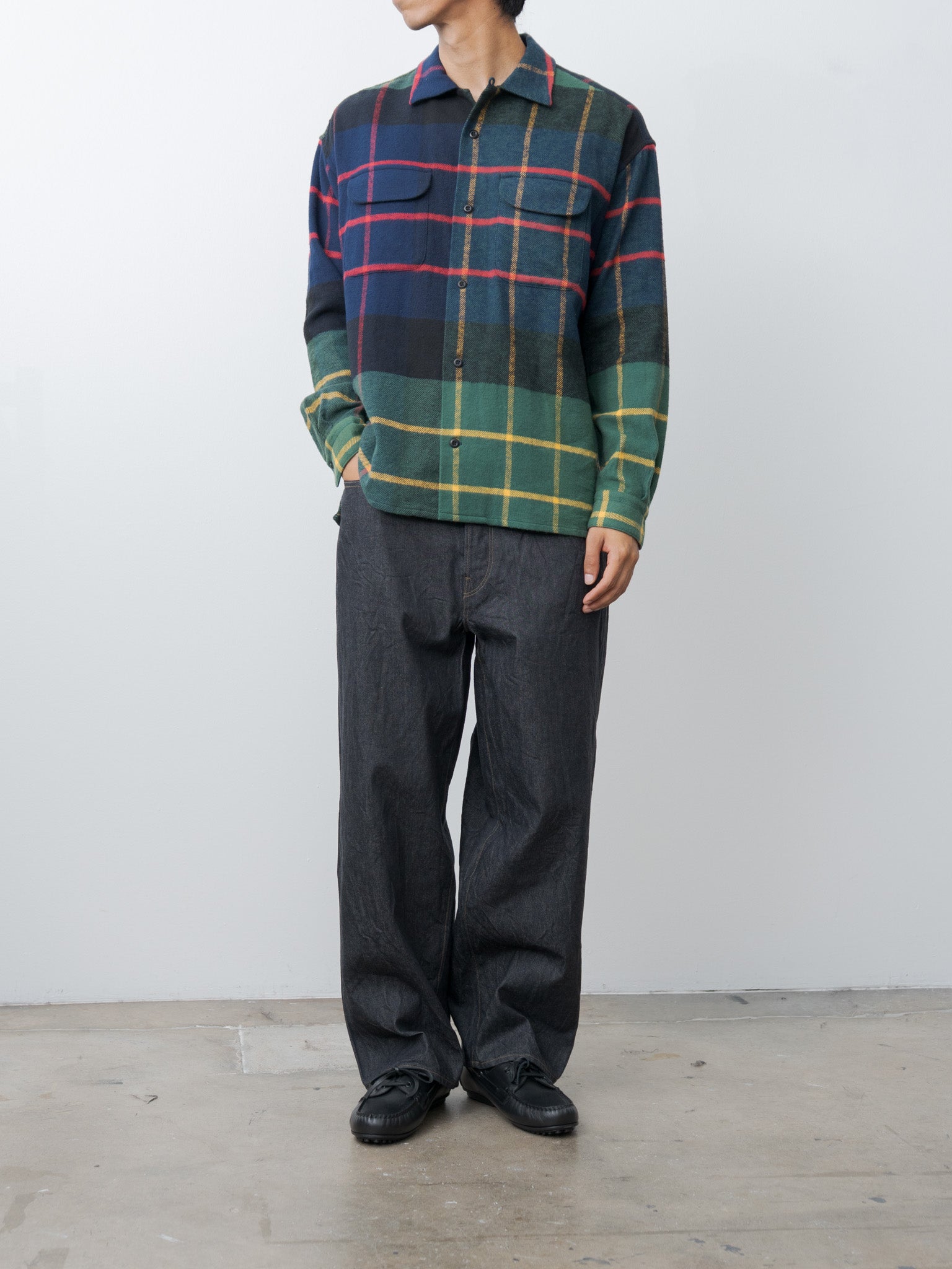 Large Tartan Plaid Cotton Flannel Twill Round Flap Pocket Baggy Shirt - Navy