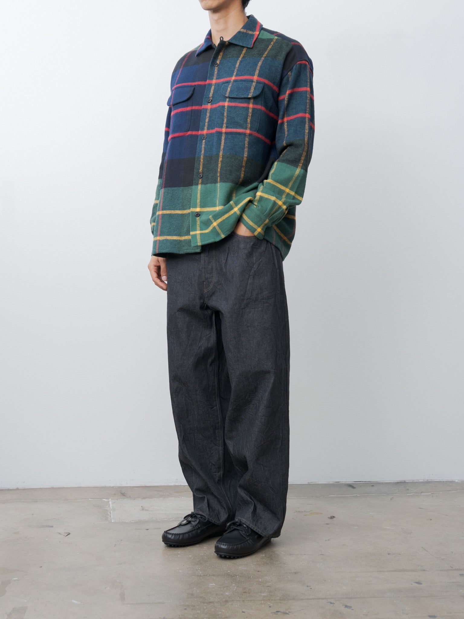 Large Tartan Plaid Cotton Flannel Twill Round Flap Pocket Baggy Shirt - Navy