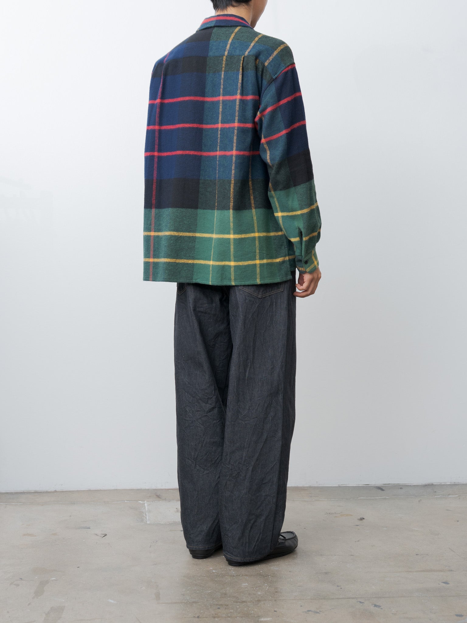 Large Tartan Plaid Cotton Flannel Twill Round Flap Pocket Baggy Shirt - Navy