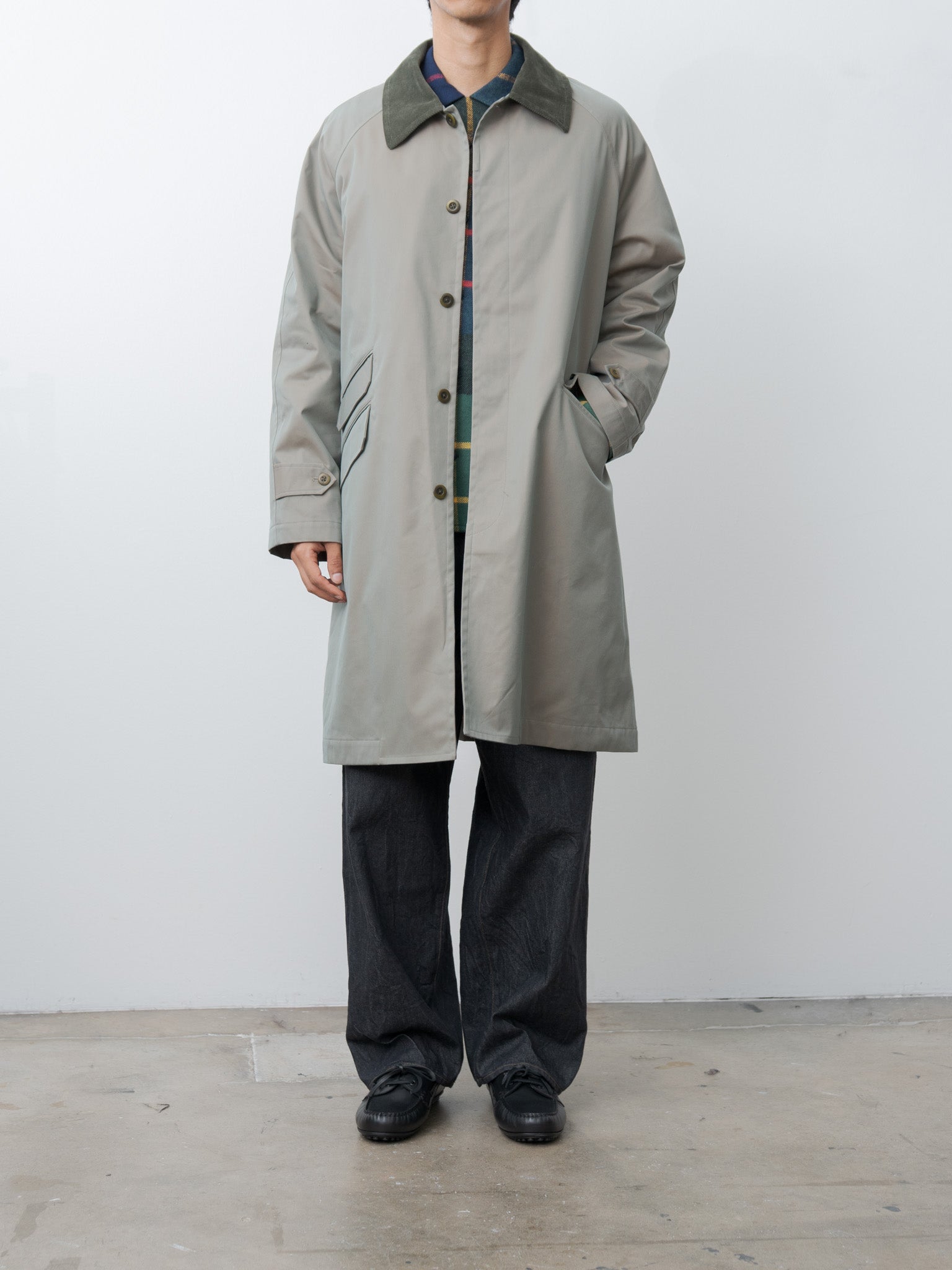 Cotton SOLOTEX Poly Chambray Stretch Twill Cloth Fly Front Raglan Sleeve Coat - Olive