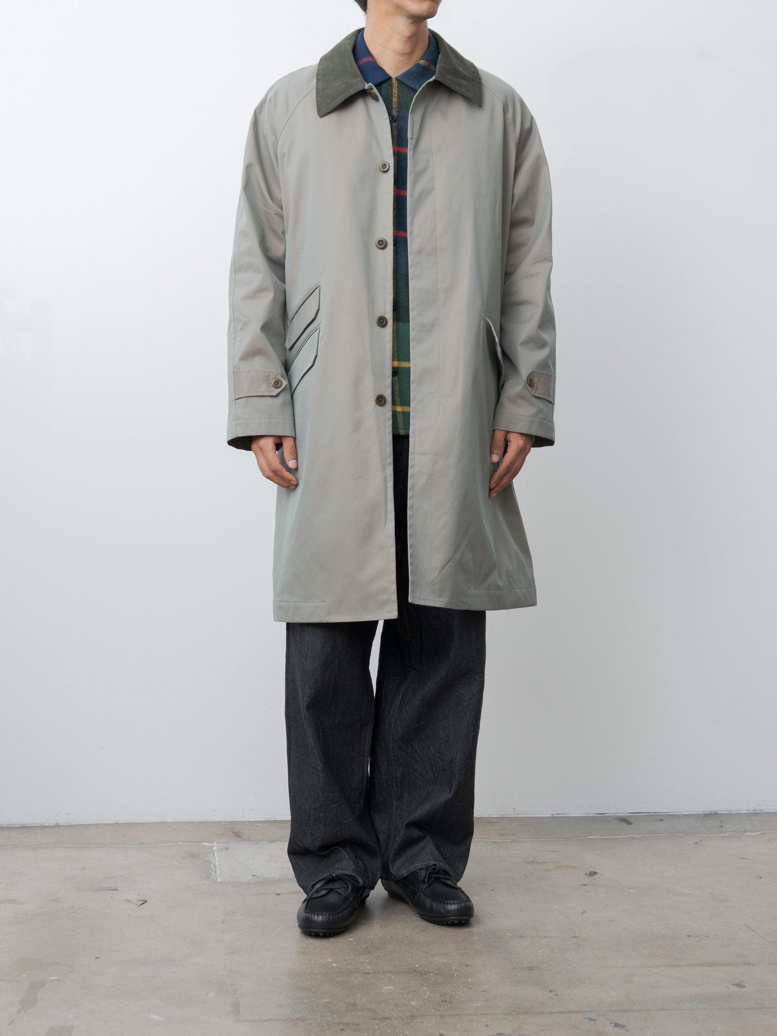 Cotton SOLOTEX Poly Chambray Stretch Twill Cloth Fly Front Raglan Sleeve Coat - Olive