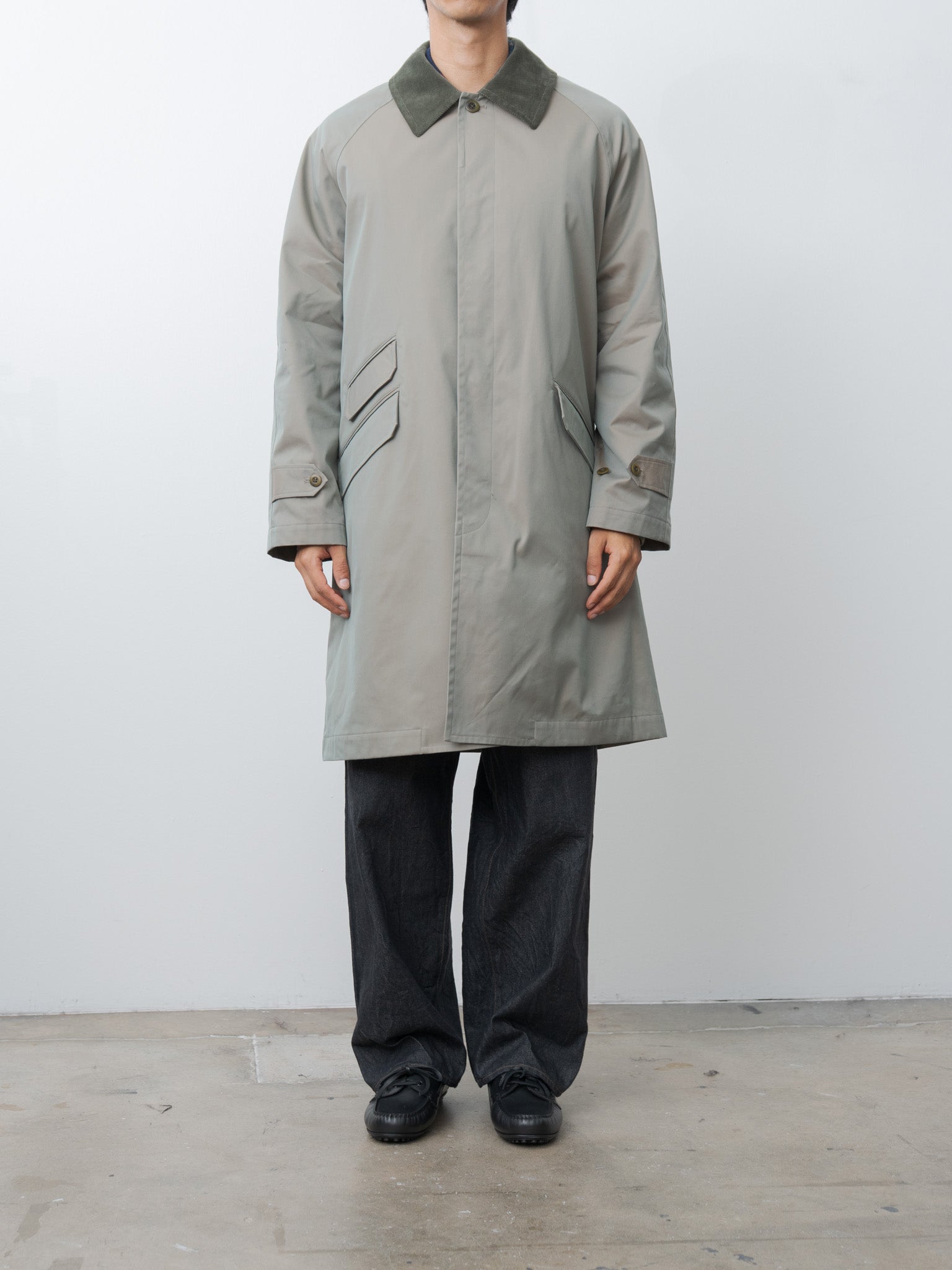 Cotton SOLOTEX Poly Chambray Stretch Twill Cloth Fly Front Raglan Sleeve Coat - Olive