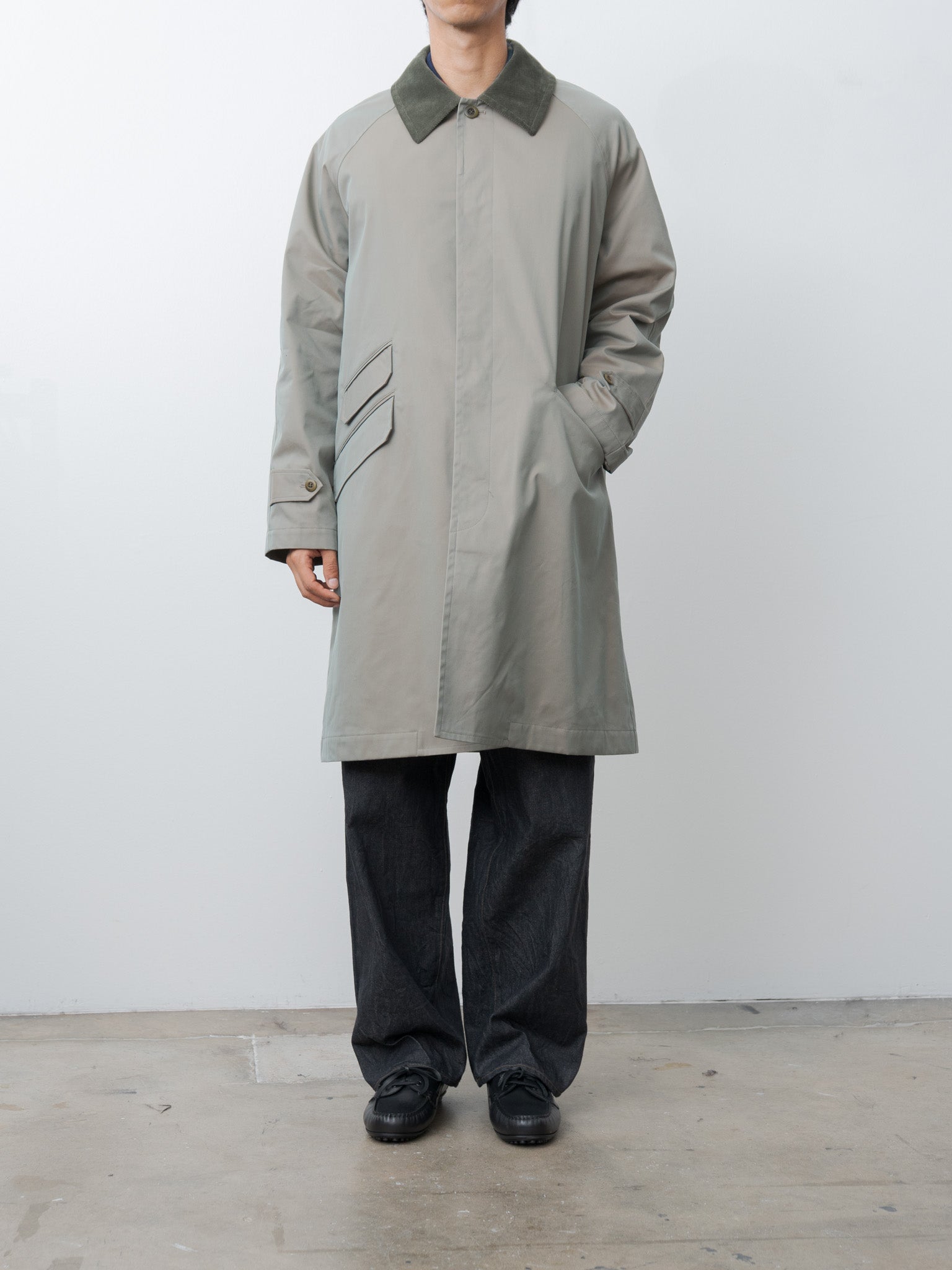 Cotton SOLOTEX Poly Chambray Stretch Twill Cloth Fly Front Raglan Sleeve Coat - Olive