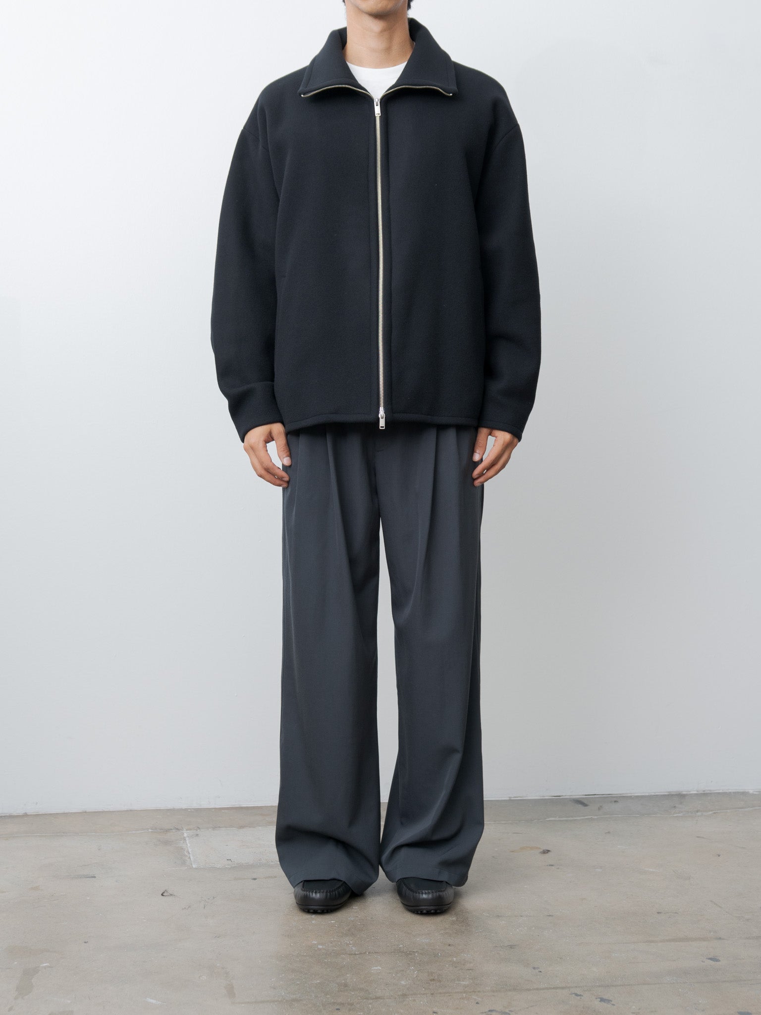 Melton Stand Collar Zip Blouson - Black