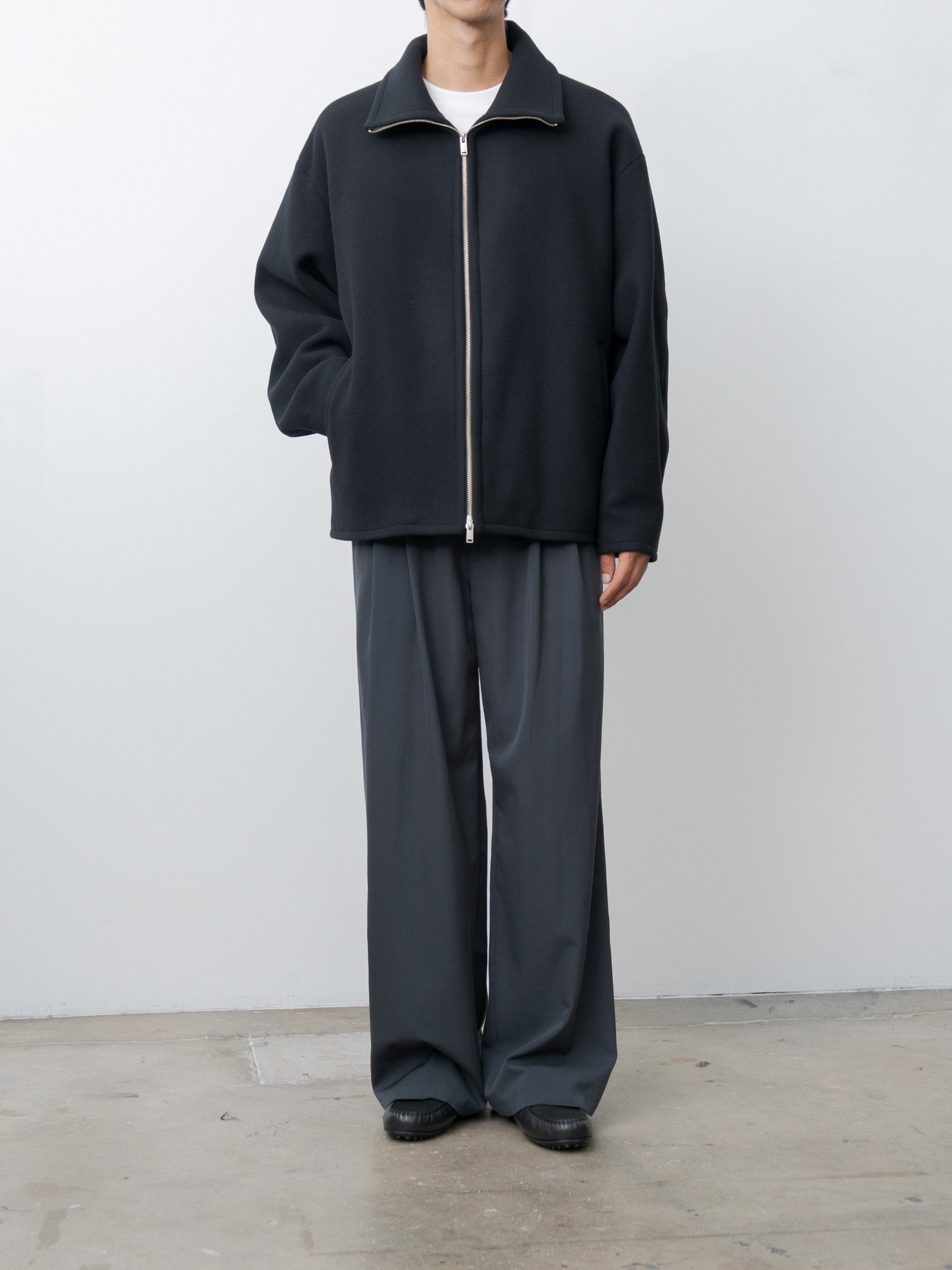 Melton Stand Collar Zip Blouson - Black