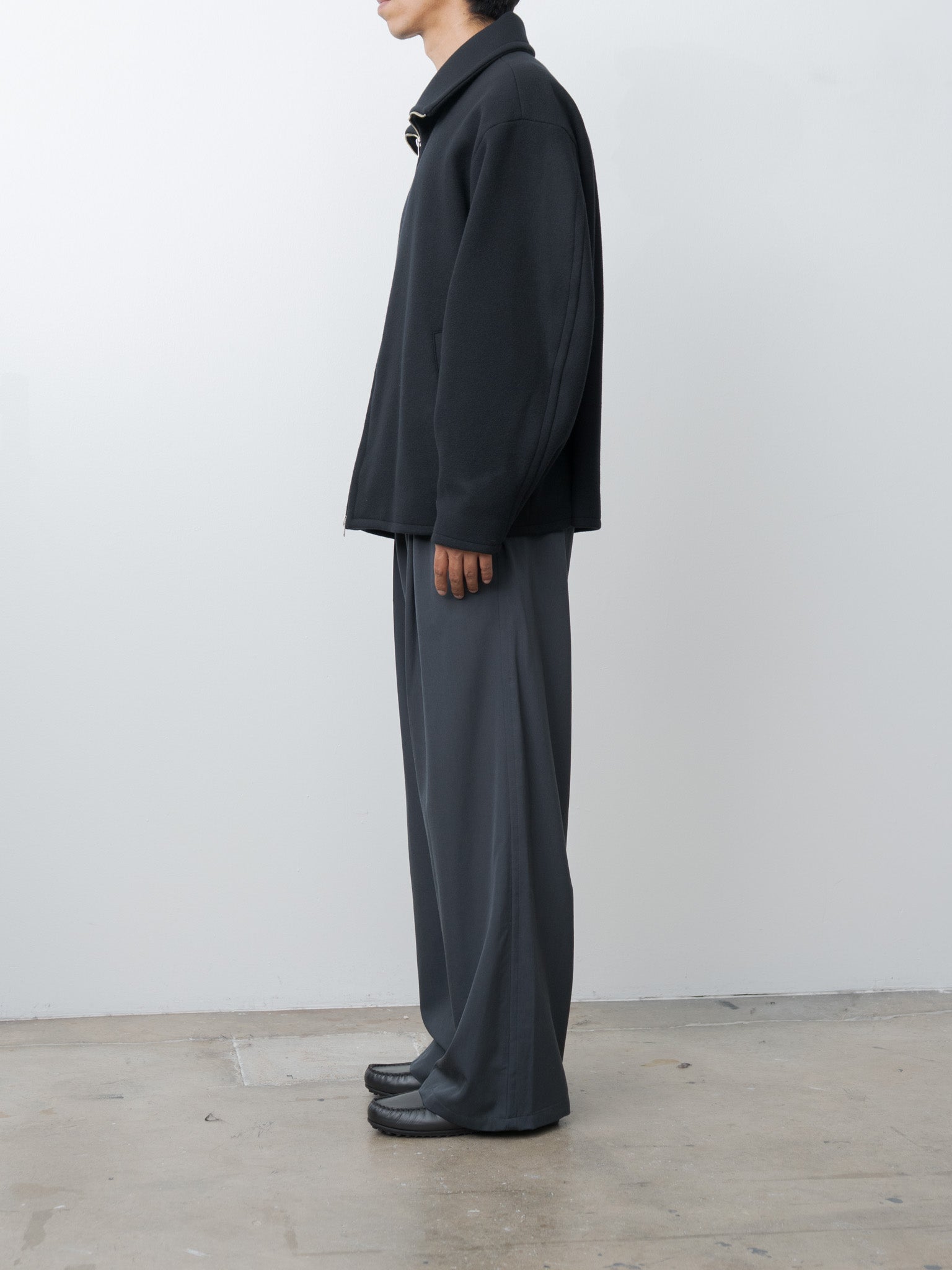 Wool Washer Twill 2pleated Wide-leg Easy Trousers - Navy