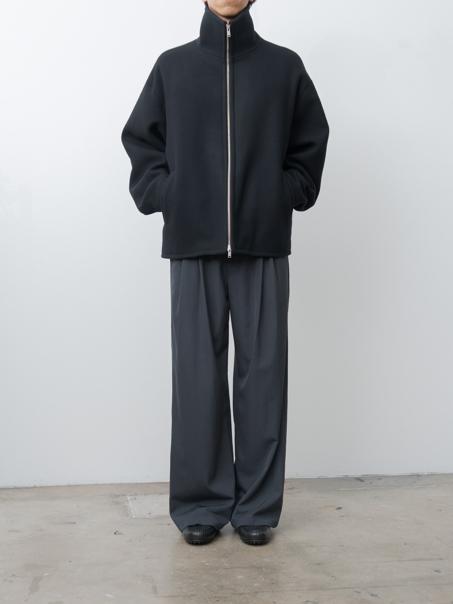 Wool Washer Twill 2pleated Wide-leg Easy Trousers - Navy