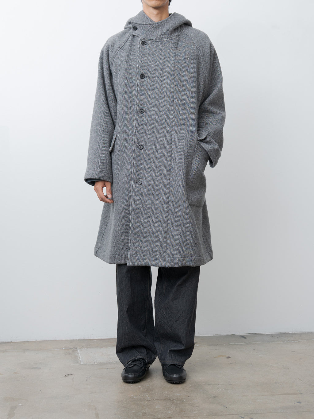 Herringbone Wool/Nylon Double Cloth Raglan Sleeve Hooded Easy Coat - Gray