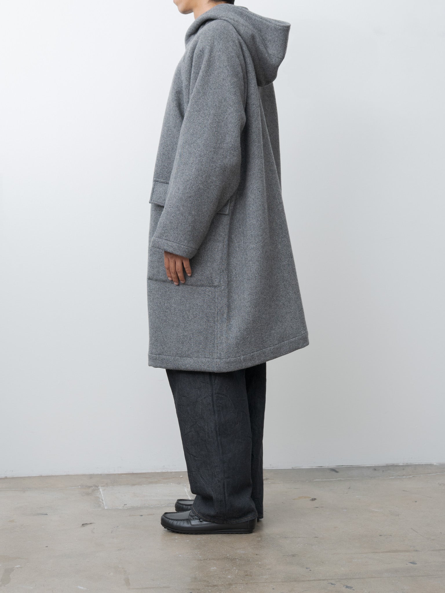 Herringbone Wool/Nylon Double Cloth Raglan Sleeve Hooded Easy Coat - Gray