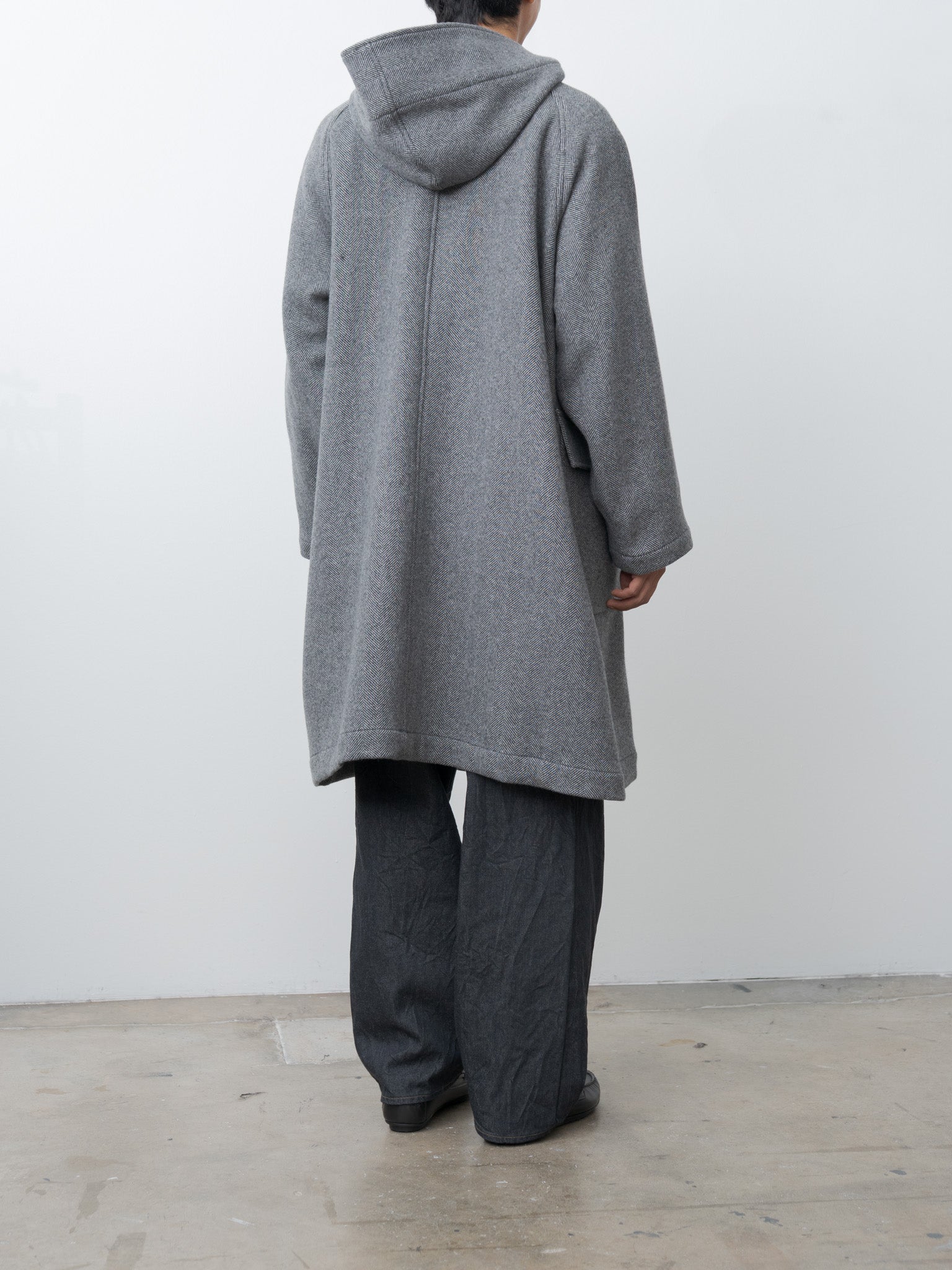 Herringbone Wool/Nylon Double Cloth Raglan Sleeve Hooded Easy Coat - Gray