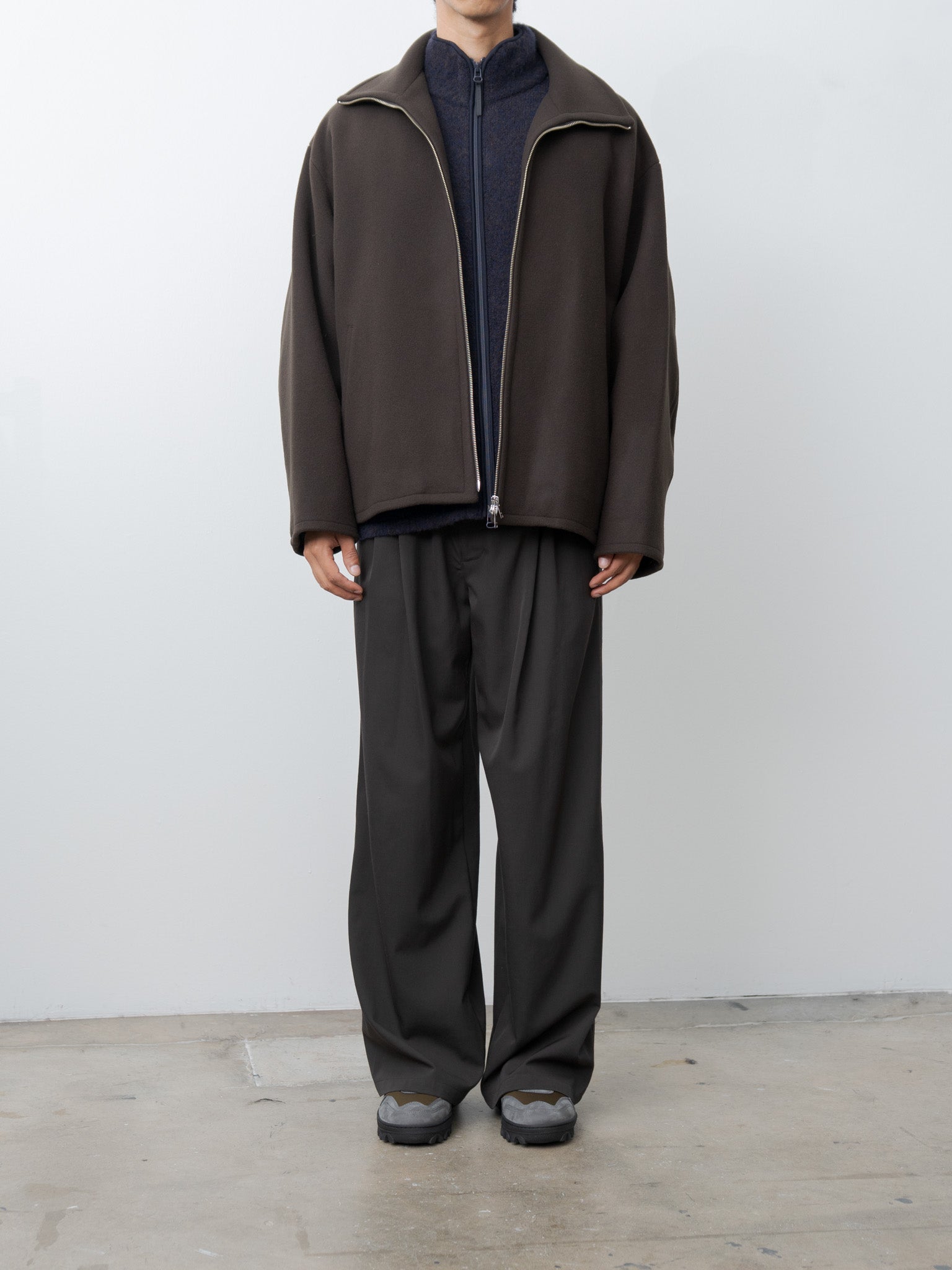 Melton Stand Collar Zip Blouson - Brown