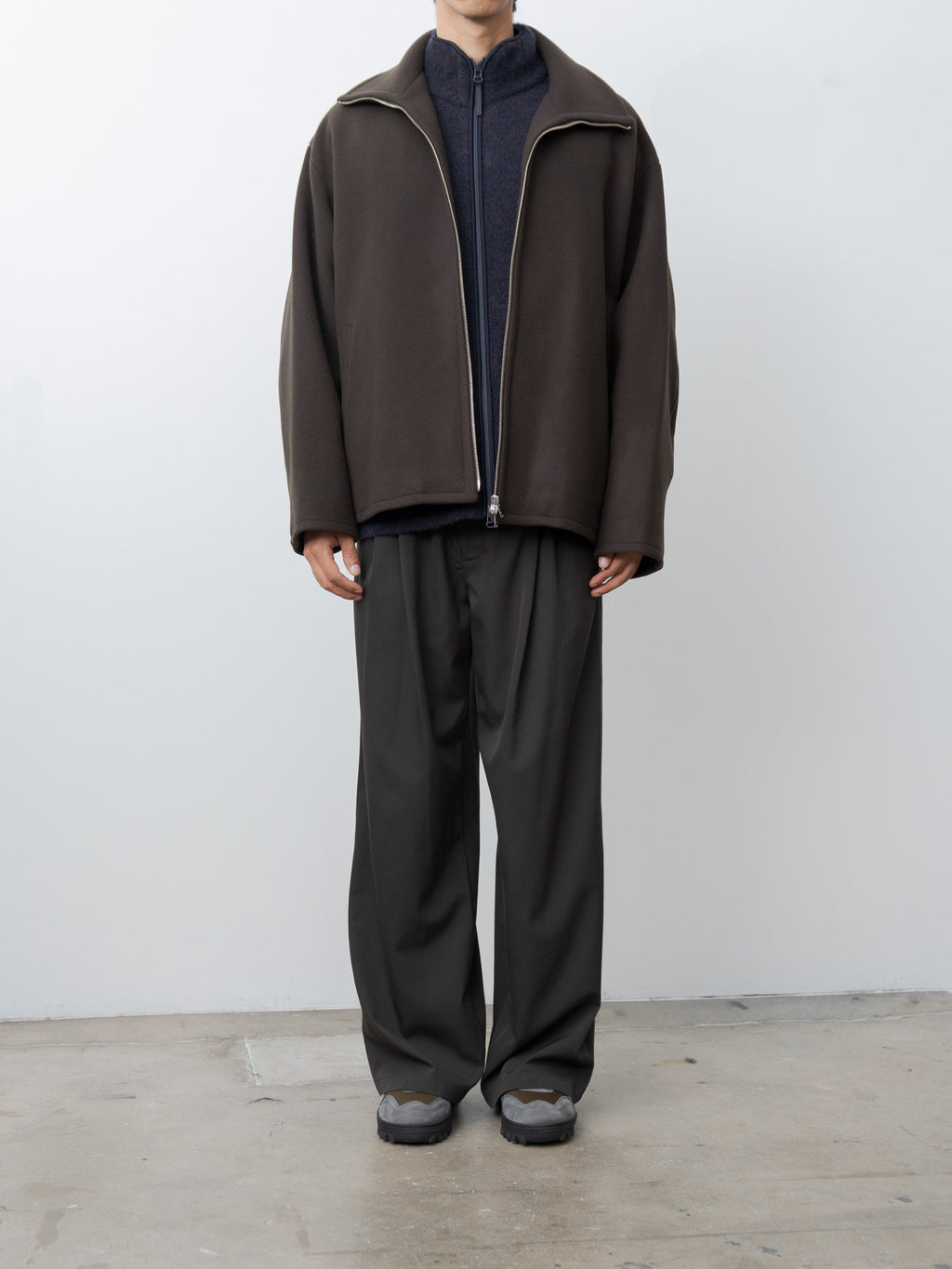 Melton Stand Collar Zip Blouson - Brown