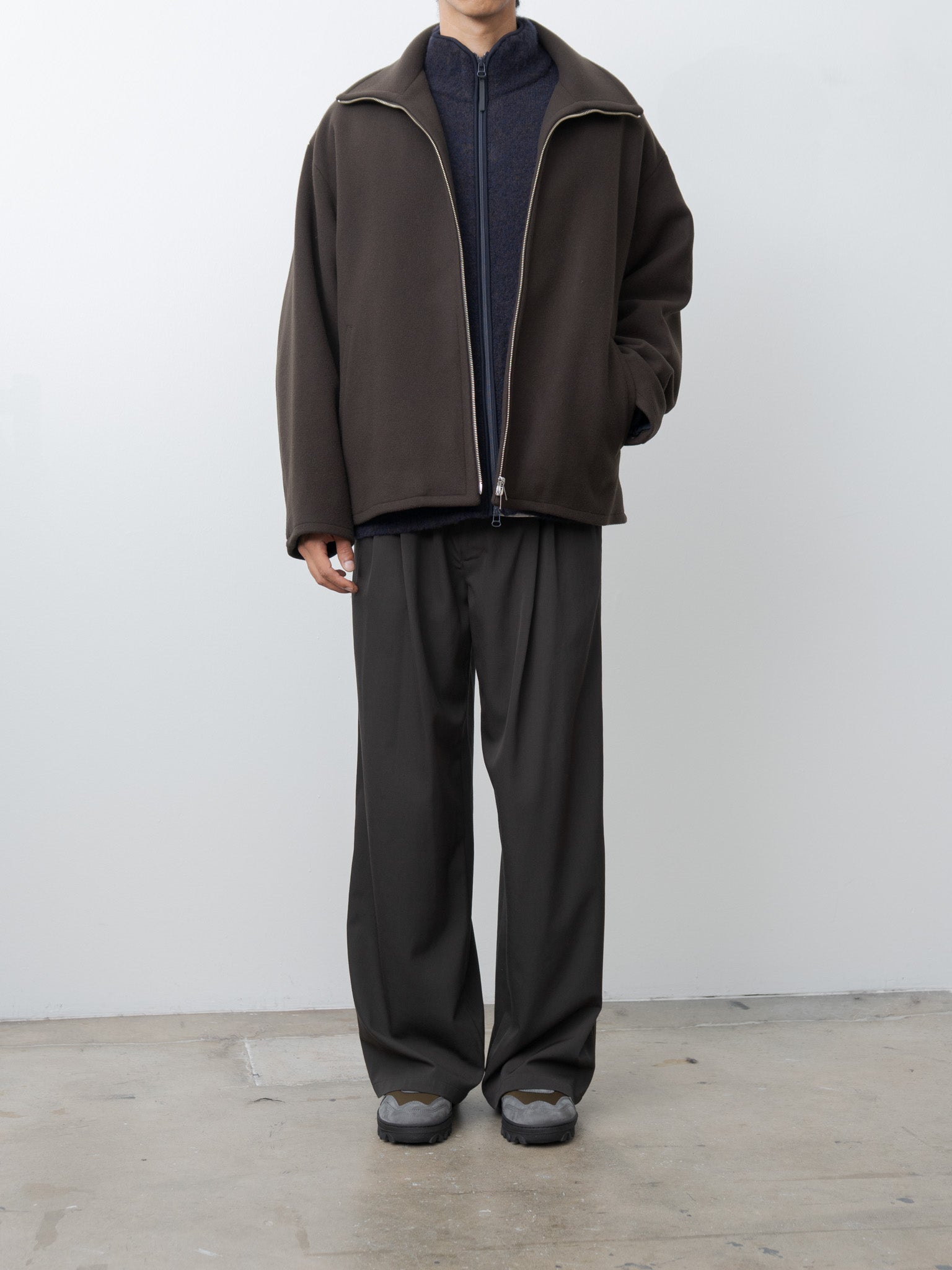 Melton Stand Collar Zip Blouson - Brown