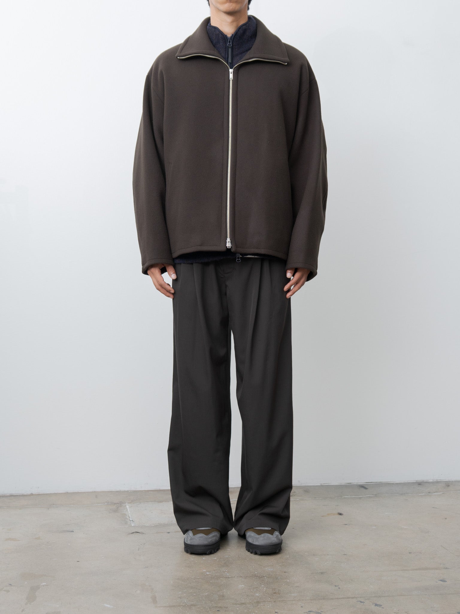 Melton Stand Collar Zip Blouson - Brown