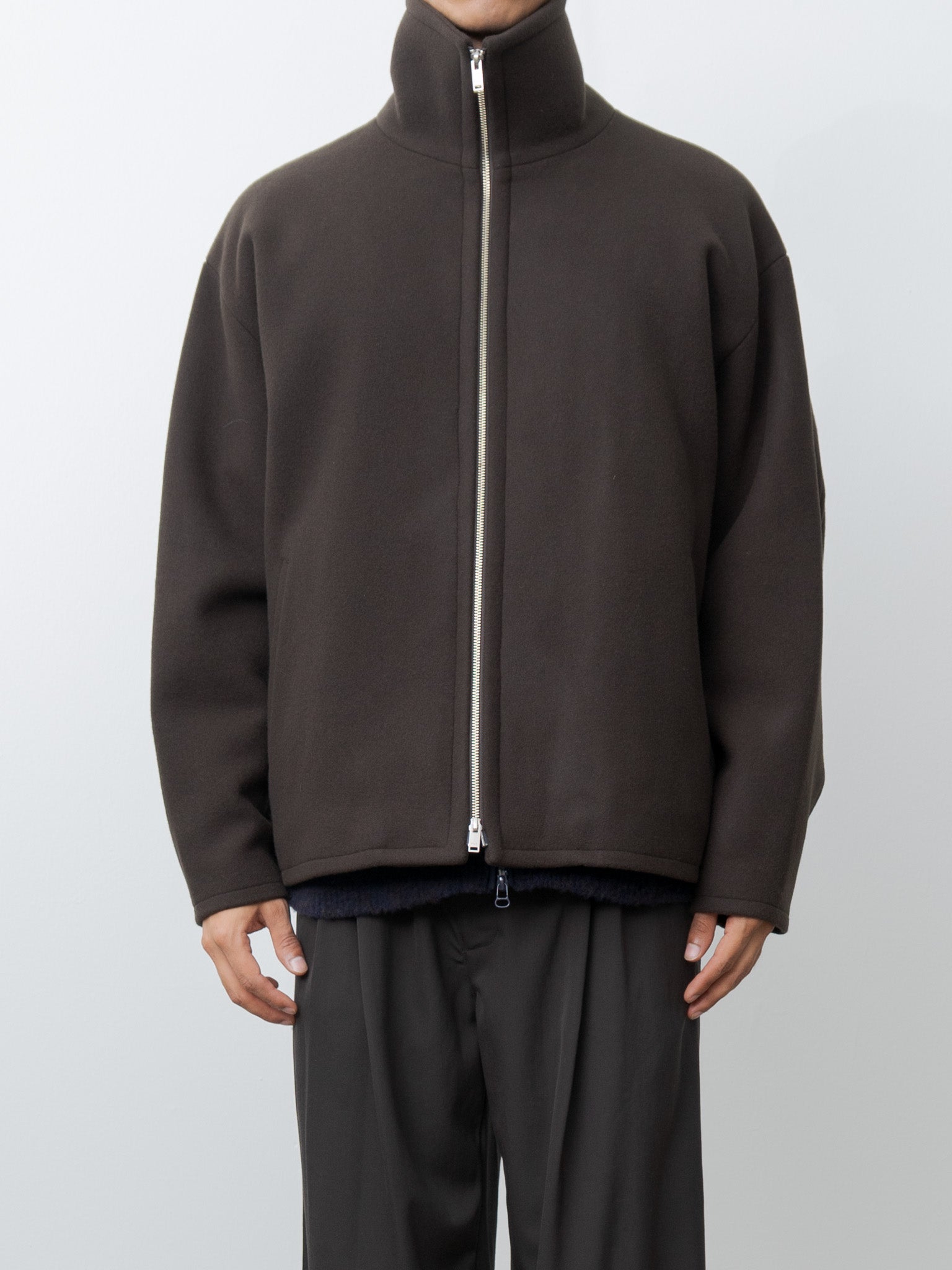 Melton Stand Collar Zip Blouson - Brown