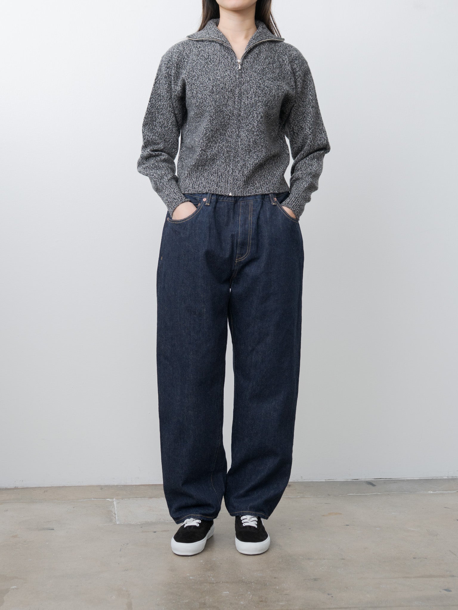 Wool Cashmere Melange Knit Full Zip P/O - Black x Gray