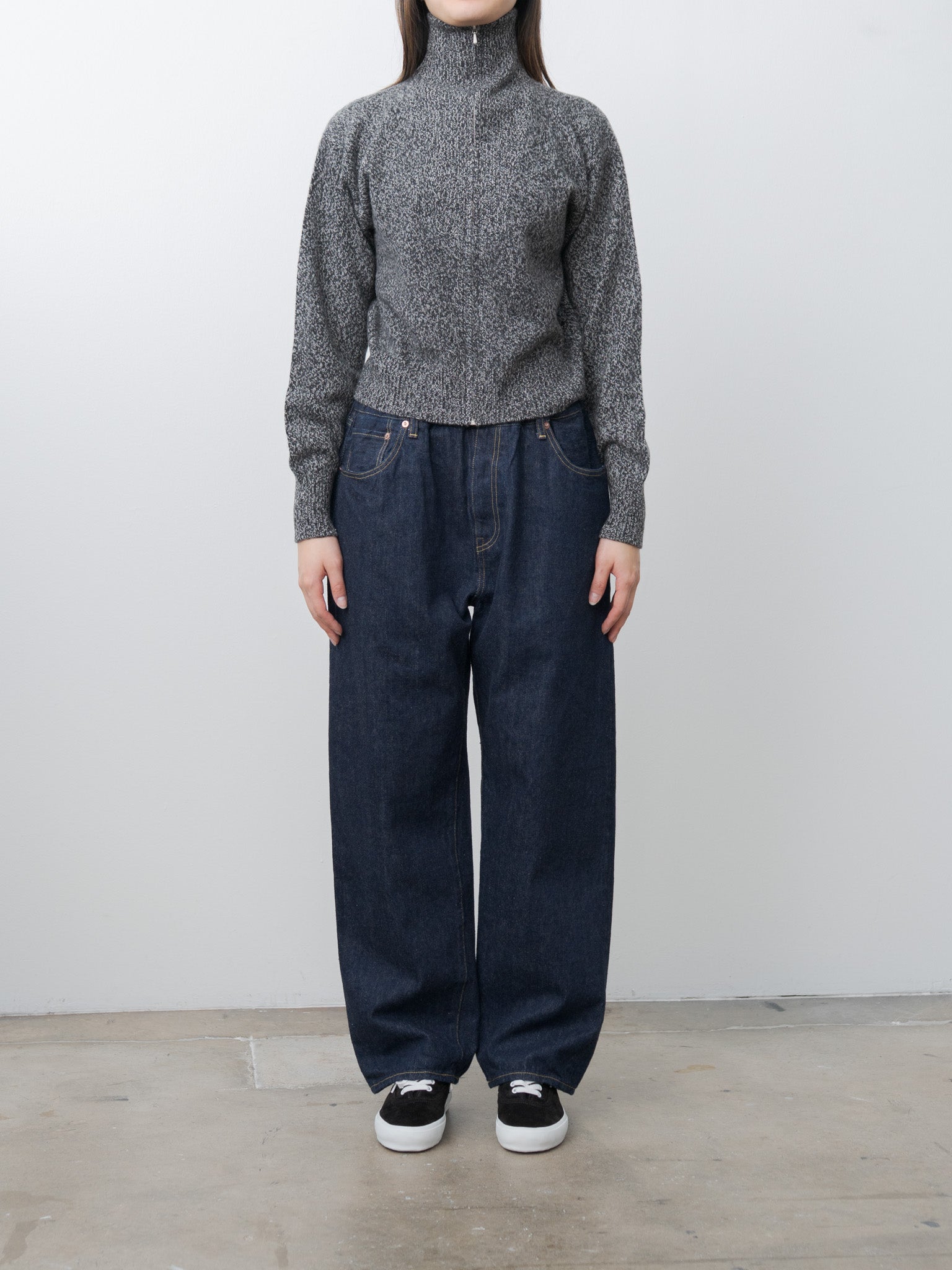 Wool Cashmere Melange Knit Full Zip P/O - Black x Gray