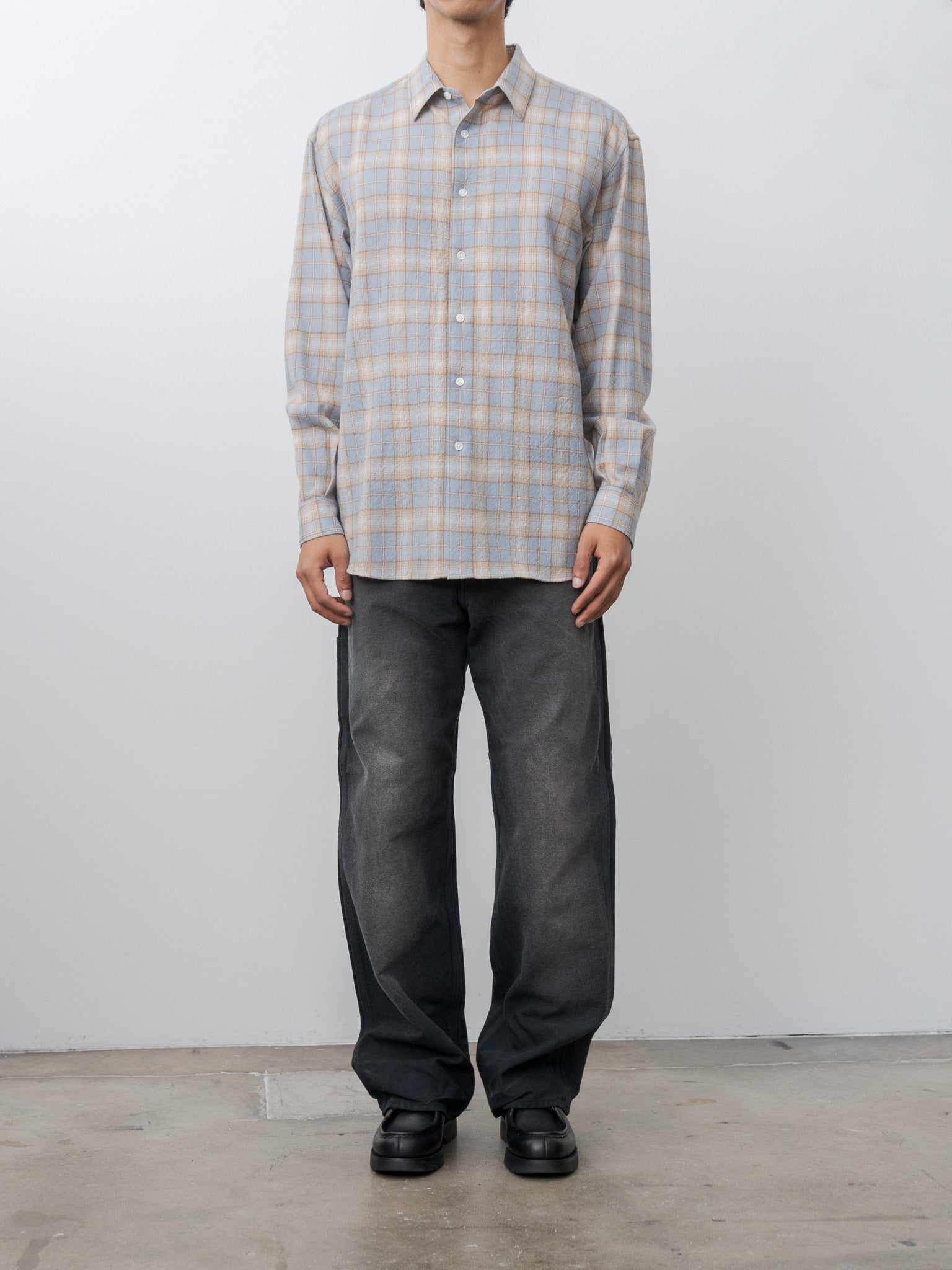 Airy Wool Check Shirt - Light Blue × Beige
