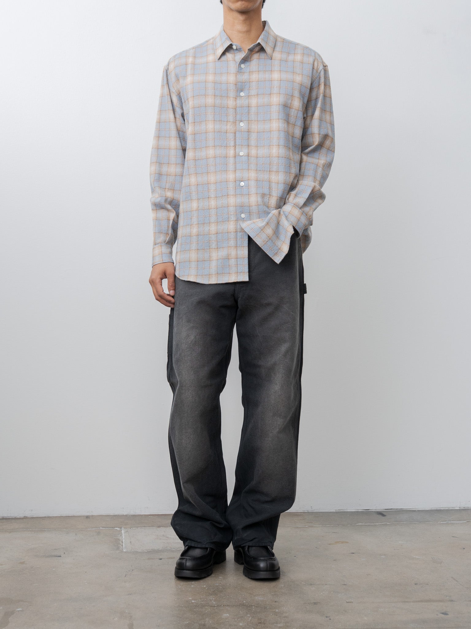 Airy Wool Check Shirt - Light Blue × Beige